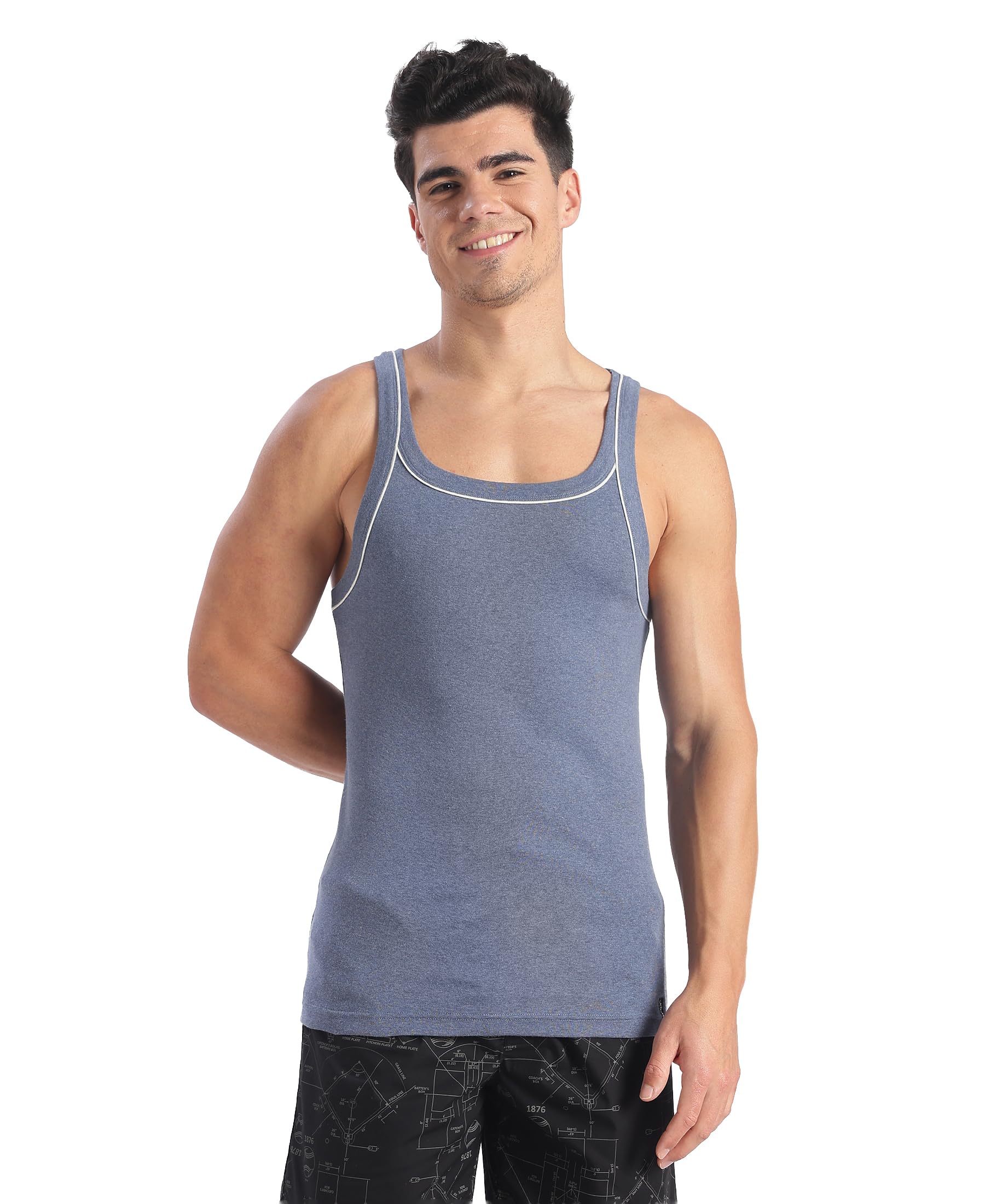 US54 Men Super Combed Cotton Rib Square Neck Gym Vest with Graphic Print - Light Denim Melange-image-17