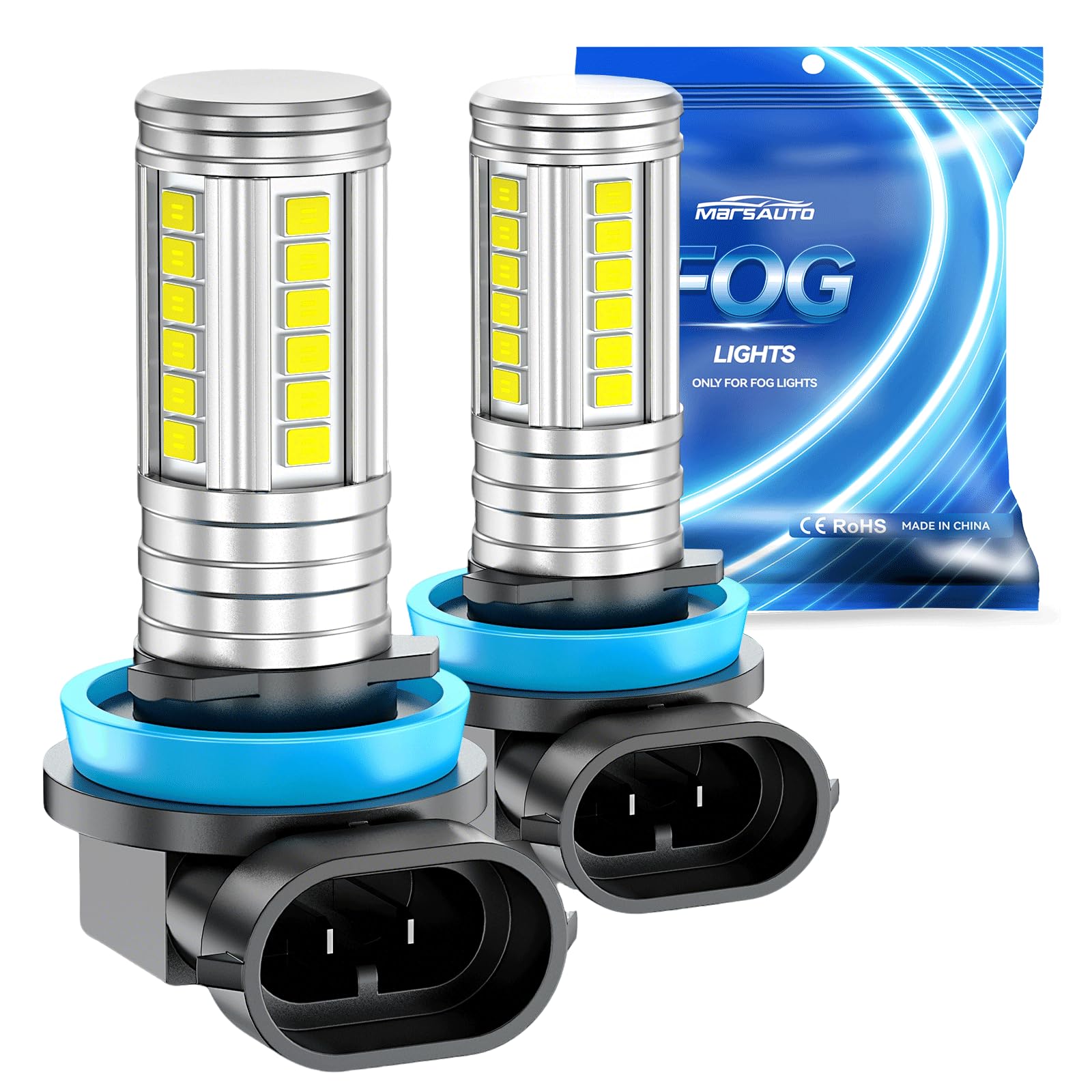 Marsauto H11 H16 H8 Led Fog Light Bulb 12,000LM, 1:1 Size 360° Illumination H16 H8 Fog Lights Led, 600% Bright Strong Penetration, Upgraded LED Chips H11 Fog Light Bulbs for Car, Pack of 2