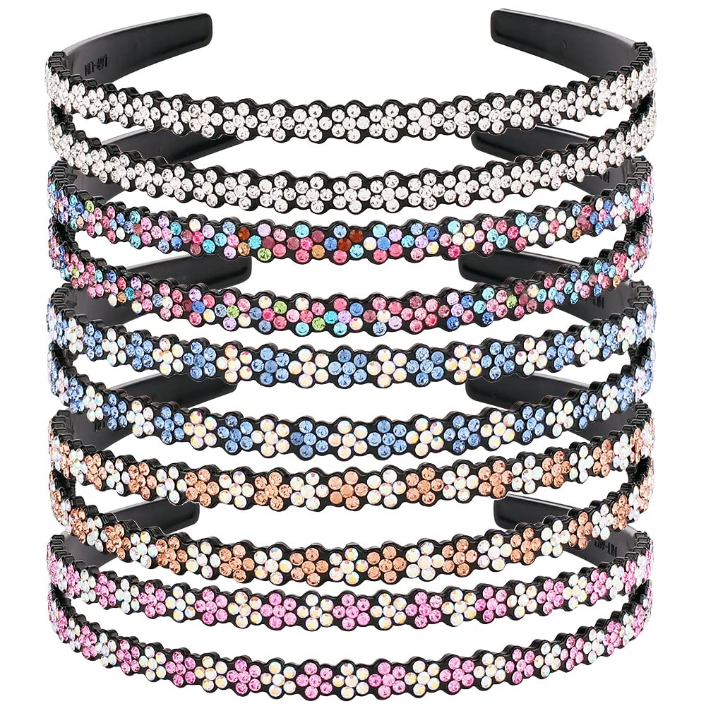 5 Pack Rhinestone Wavy Fashion Nonslip Double Rows Bling Crystal Beaded Headband with Teeth Plastic Flower Hair Hoop Hair Accessories for Women Girls Rainbow