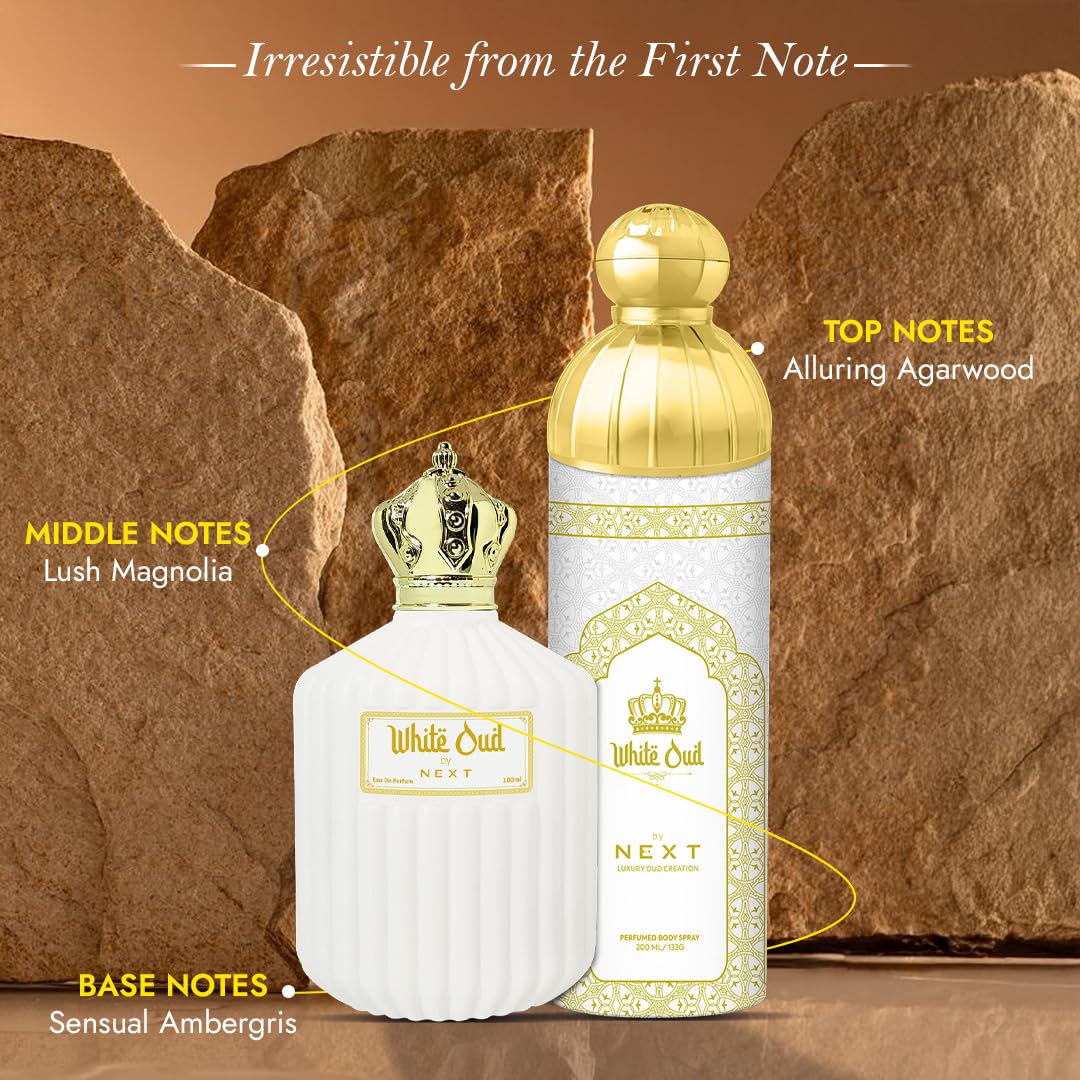 Next Care White Oud 100ml Perfume & 200ml Deodorant Combo | Long-Lasting Fragrance with Agarwood, Magnolia | Unisex Oud Perfume & Deo Set for Men & Women | Deodorant for men and women 1