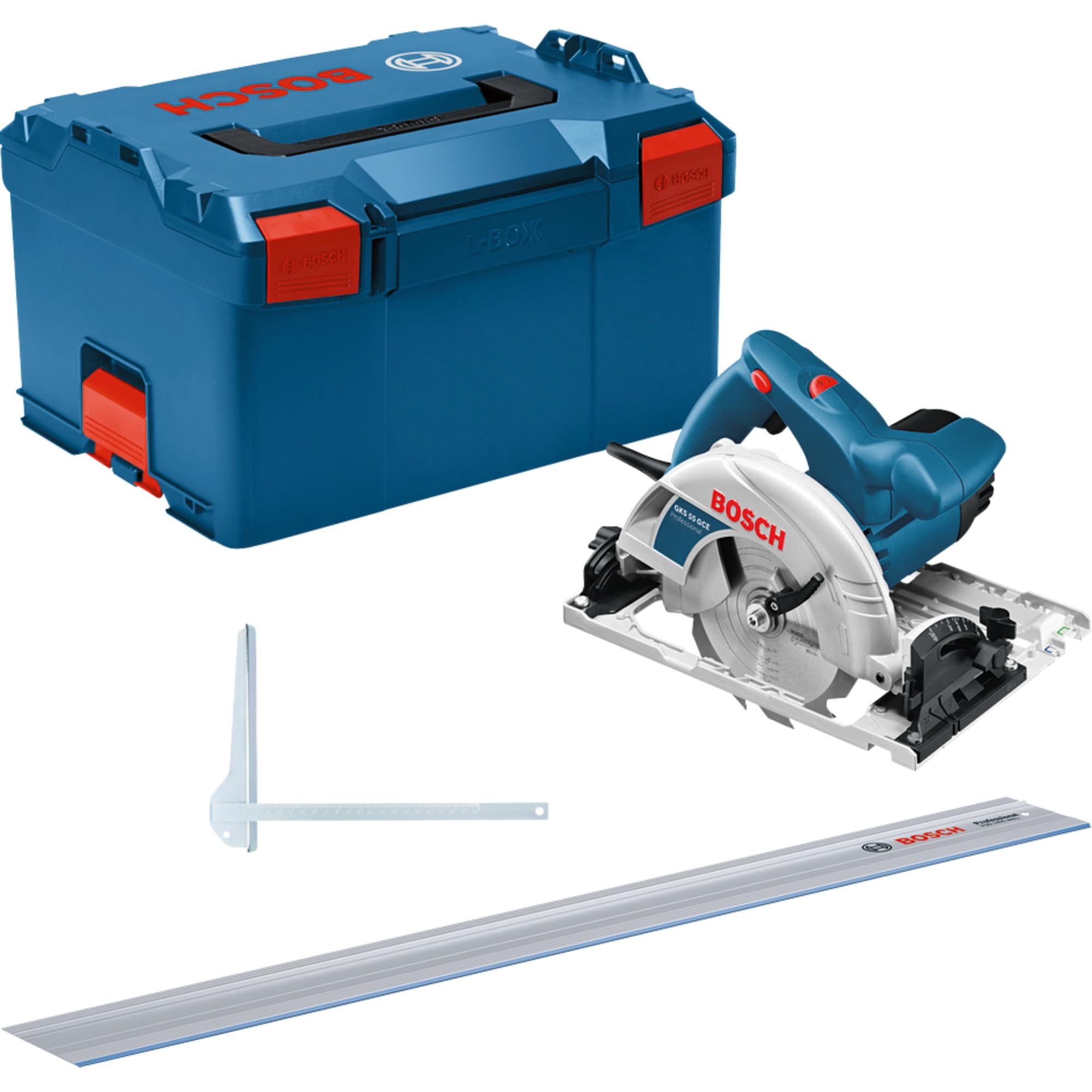 Scie circulaire GKS 55 1350 W - BOSCH - avec GCE + Rail 140 cm - L-​BOXX - 0615990M91