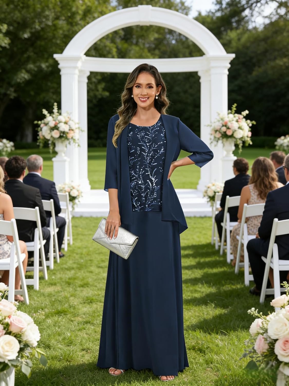 Long Sleeve Mother of The Bride Dresses with Jackets 3 Pieces Chiffon Formal Maxi Dress