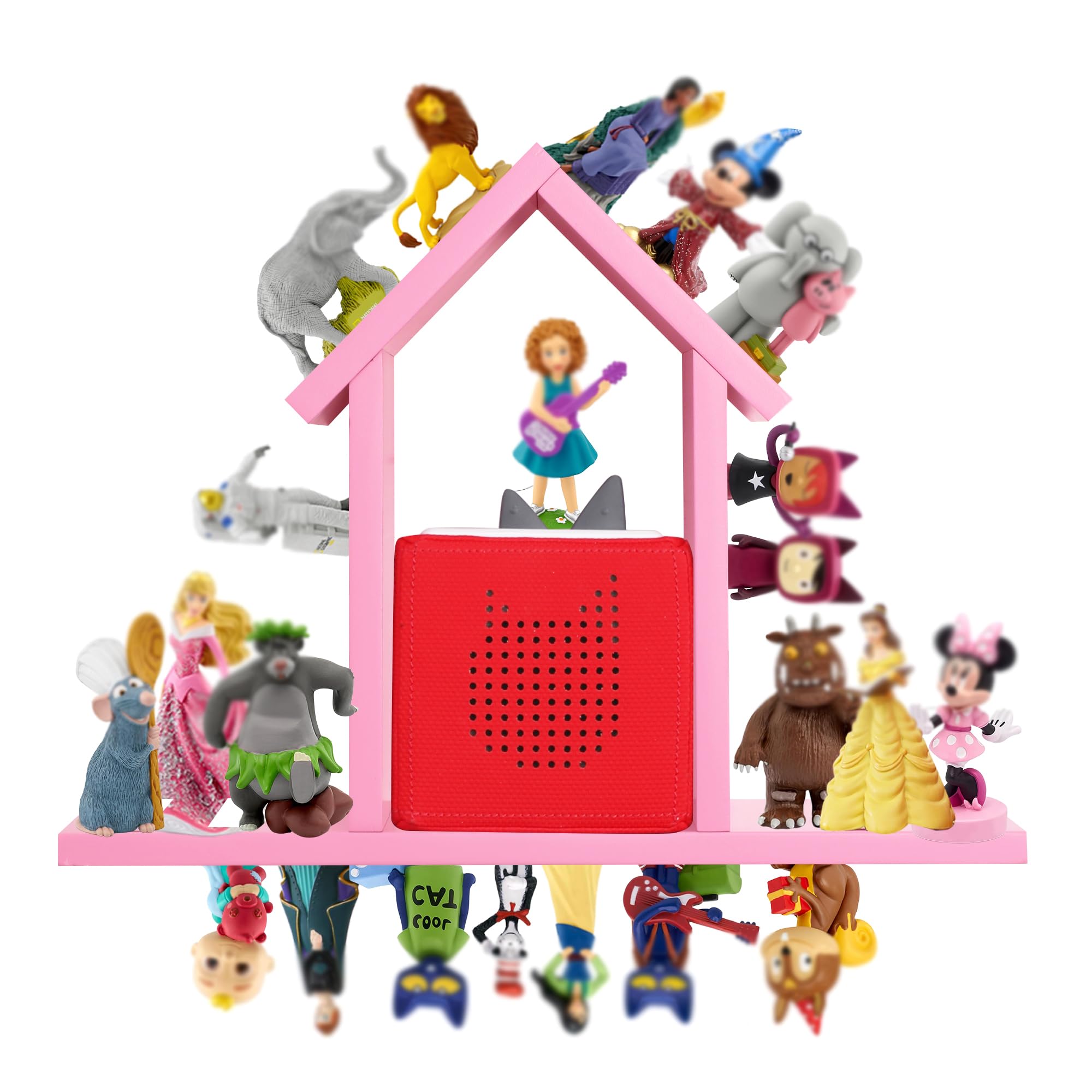 For Tonies Figures Shelf Magnetic,for Toniebox Characters Wall Shelves,for Tonie Audio Toy Figurine Storage Organizer Holder,Compatible Charging Station for Kid's Room,Pine Wood House,Large(Pink)