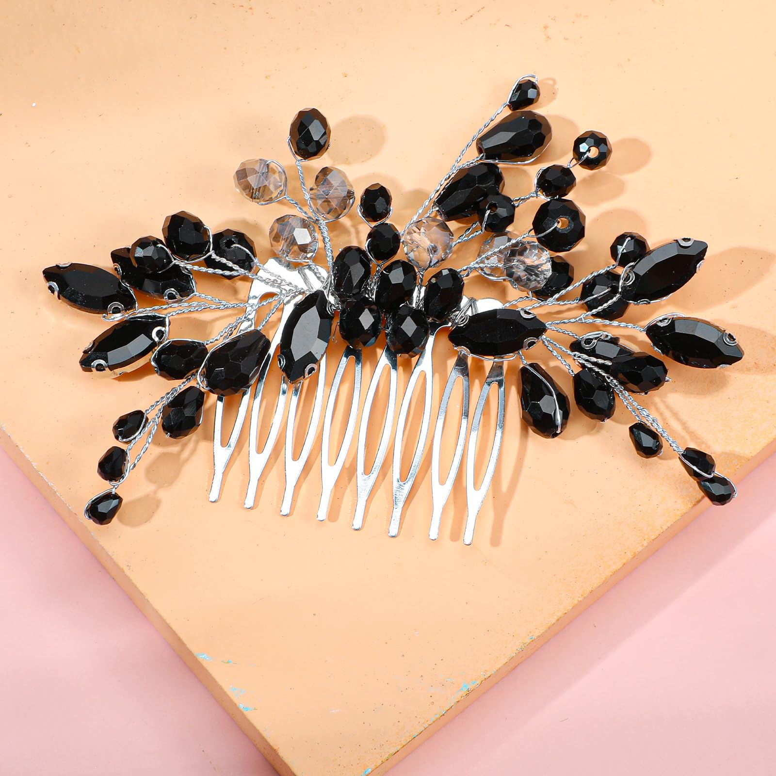 Bridal Hair Comb,Black Teardrop Hair,Bridal Hairs Comb,Black Crystal Side Combs, Flower Headdress Hairs Accessories - Image 3