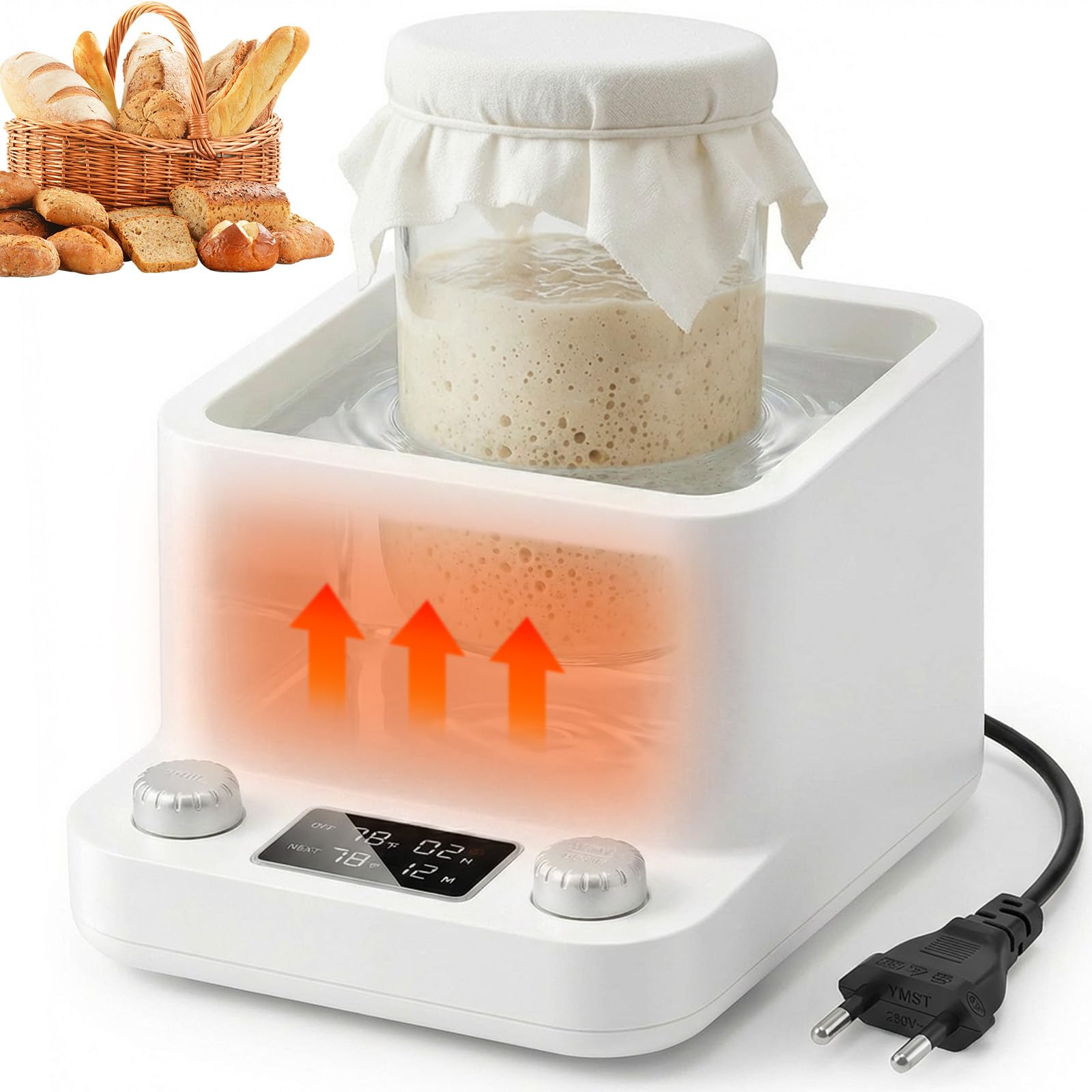 Chauffe-levain - Chauffe-pâte à pain précis avec thermostat (70-104 °F) - Réglage de la température - Minuterie 198 h - Chauffe-levain au bain-marie - Pour pain, yaourt, bière et kombucha
