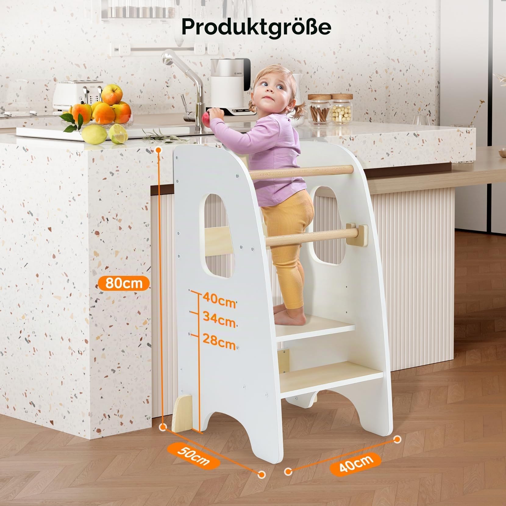 Ezebaby Lernturm ab 1 Jahr, Learning Tower, Höhenverstellbar Montessori Lernturm mit Kippschutz, Abnehmbare Sicherheitsgeländer, Massiv und Stylisch (Weiß)