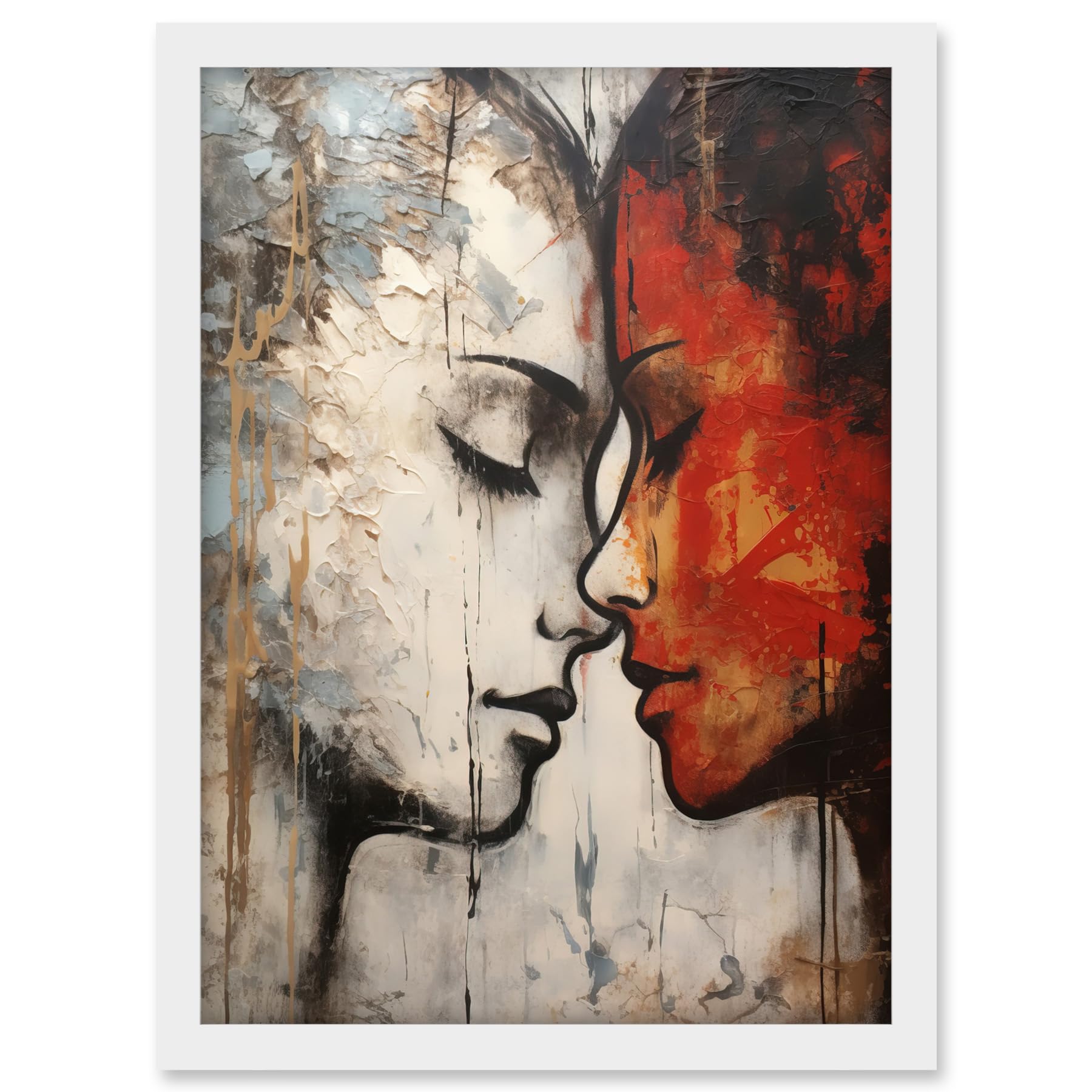Artery8 Affection Thick Paint Oil Painting Red Bold Blue Gay Lovers Emotional Connection Women Love Lesbian Artwork Framed A3 Wall Art Print
