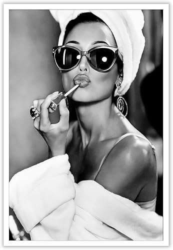 Audrey Hepburn - Lienzo decorativo para pared, color blanco y negro, con maquillaje vintage, para decoración de baño, arte retro de Hollywood para