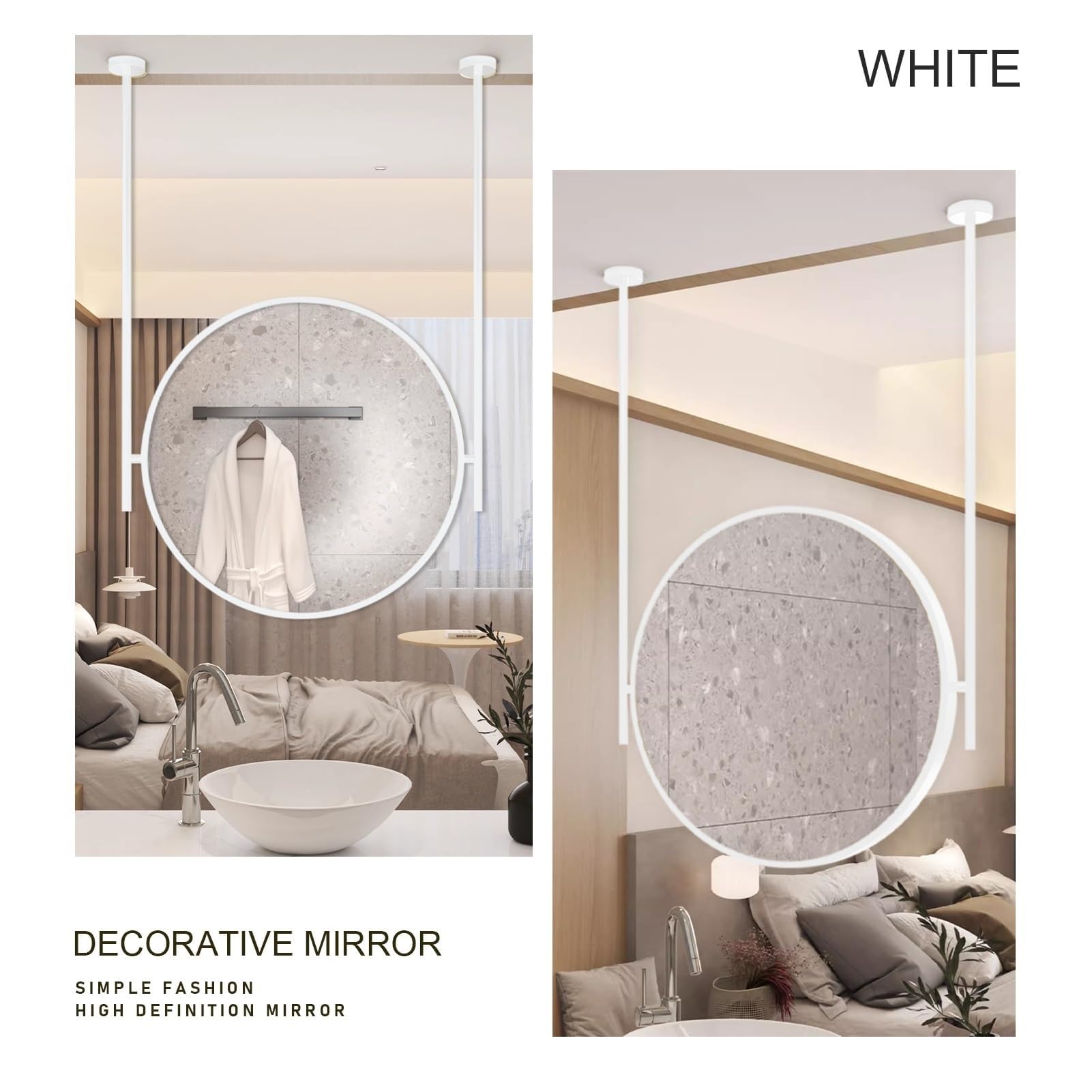 Okrągłe lustro sufitowe z białą metalową ramą i prętem, idealne do łazienki, toalety, makijażu, golenia, salonu, garderoby, wejścia (50 cm x pręt - 100 cm)
