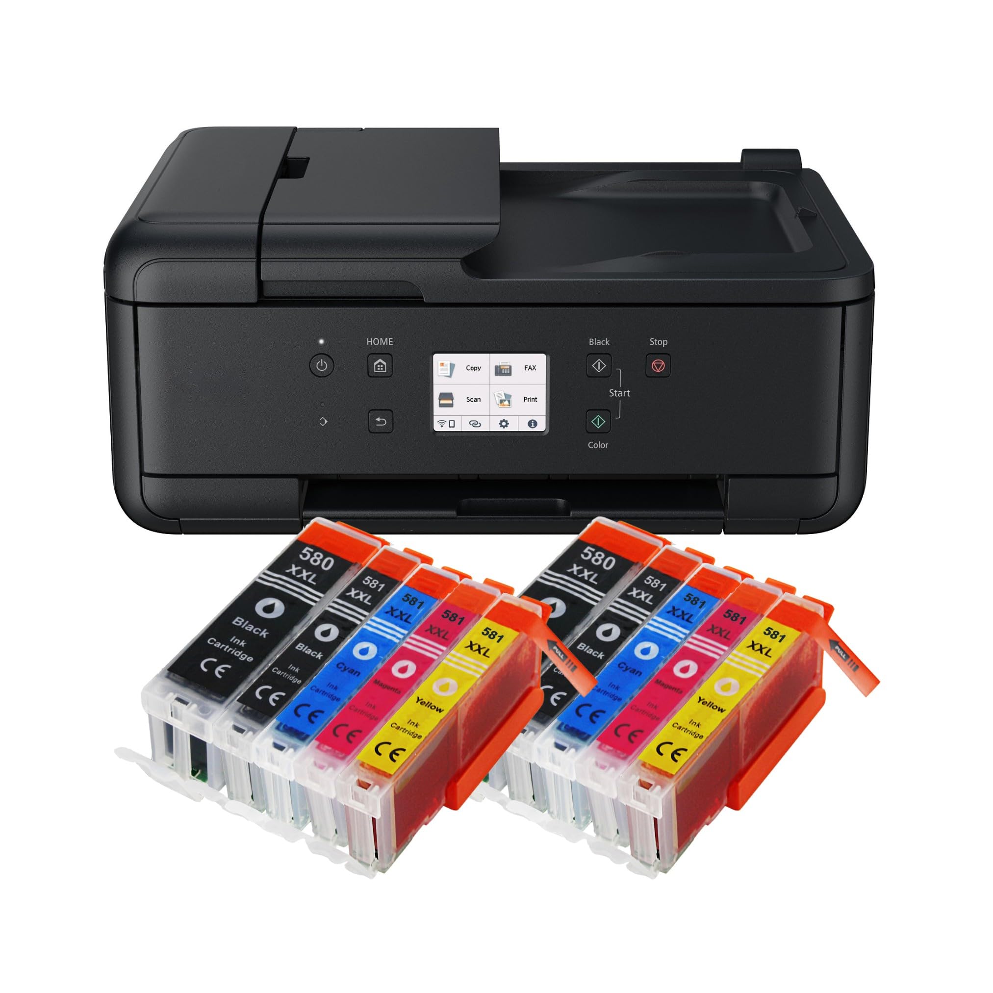 IC-Office TR7650 - Impresora multifunción 4 en 1 (impresión, copia, escaneo, fax, ADF, Wi-Fi, AirPrint) negro + 10 cartuchos de tinta XXL