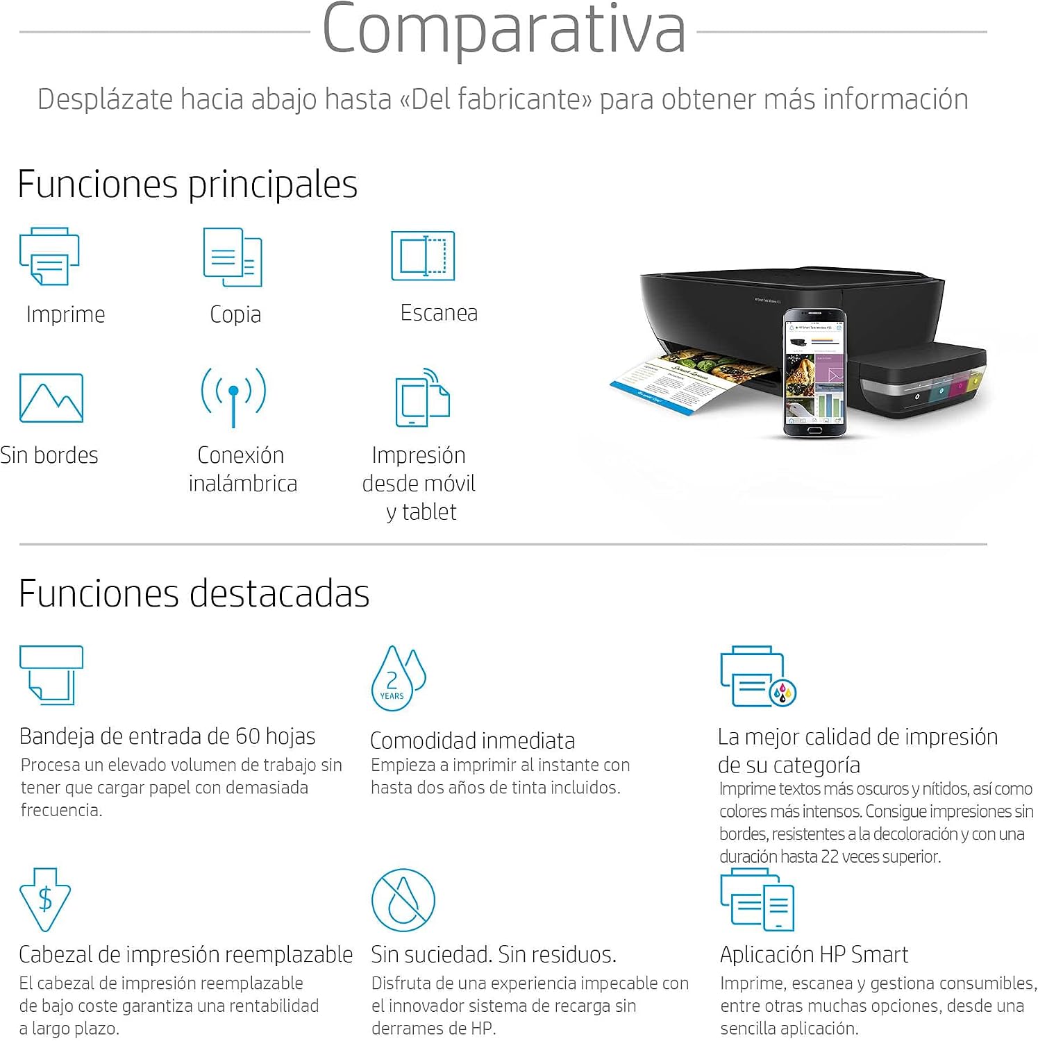 HP Smart Tank Wireless 455 - Impresora multifunción (imprime, copia y  escanea desde el móvil), conectividad Wi-Fi, incluye hasta 2 años de tinta,  negro : Hp-Inc: Amazon.es: Informática