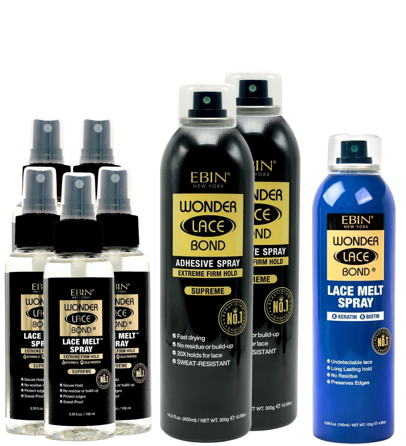 Melting Spray – 5X Wonder Lace Bond Lace Melt Mini Supreme 3.39oz Bundle with 2X Wig Adhesive Spray 420ml and Aerosol Keratin 6.08oz by EBIN NEW YORK – Gift Set (8 Items)