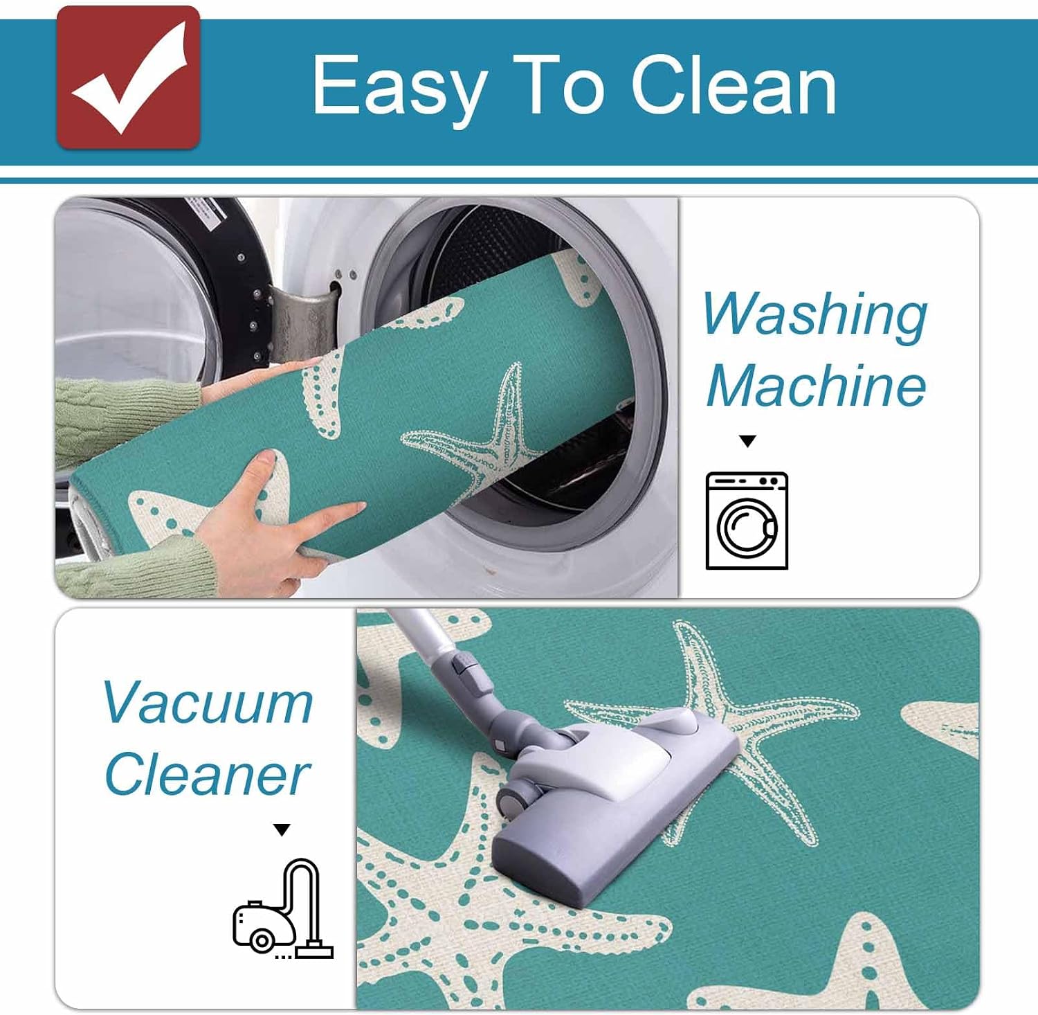 Starfish Kitchen Mats Set of 2 Summer Beach Nautical Ocean Sea Star Marine Life Teal Green Non Slip Mat Washable Floor Rug for Kitchen Sink Floor Laundry, 15.7"x23.6"+15.7"x47.2"