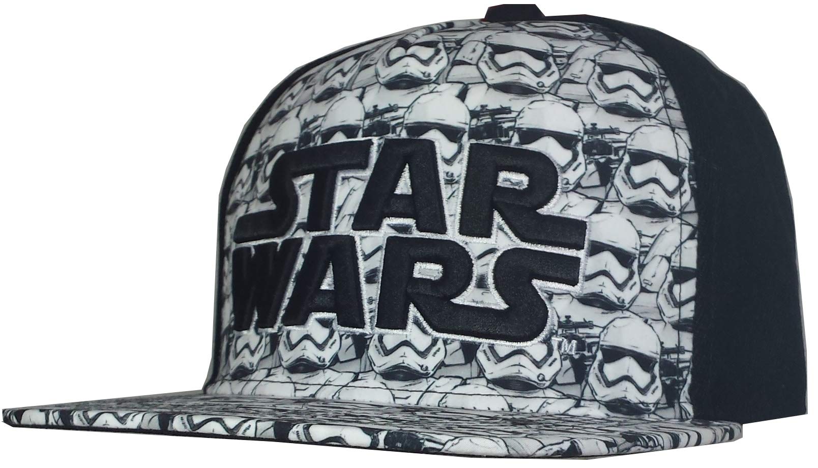 DisneyStar Wars Embroidered Logo and Stormtrooper All Over Adjustable Snapback Baseball Hat with Flat Brim, Black, One Size
