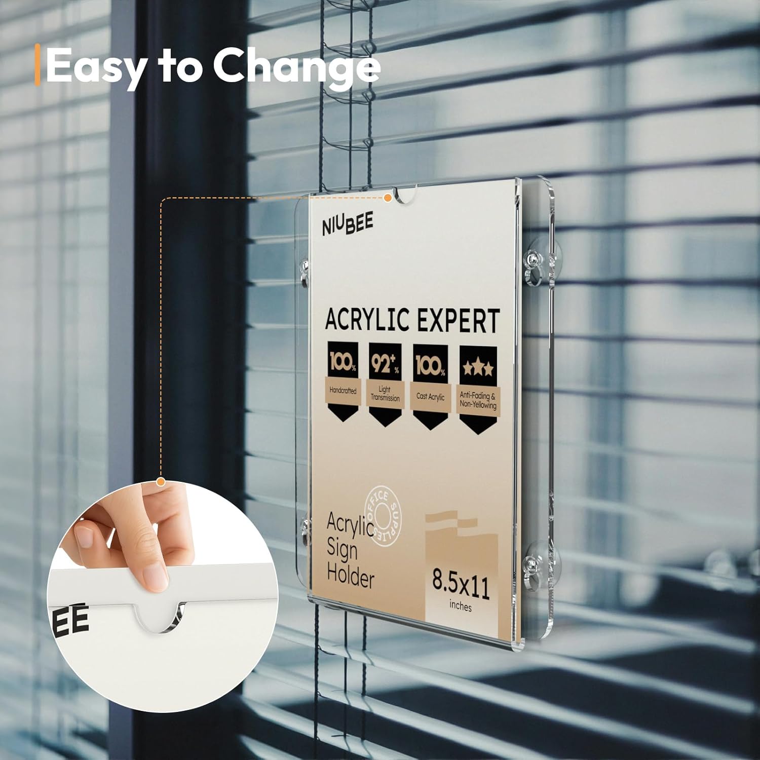 NIUBEE Acrylic Window Sign Holder with Suction Cups 8.5 X 11, Clear Acrylic Frames Glass Door Mount, Displaying Flyers, Notices and Menus, for Office, Store, Home, Restaurant (4 Pack)