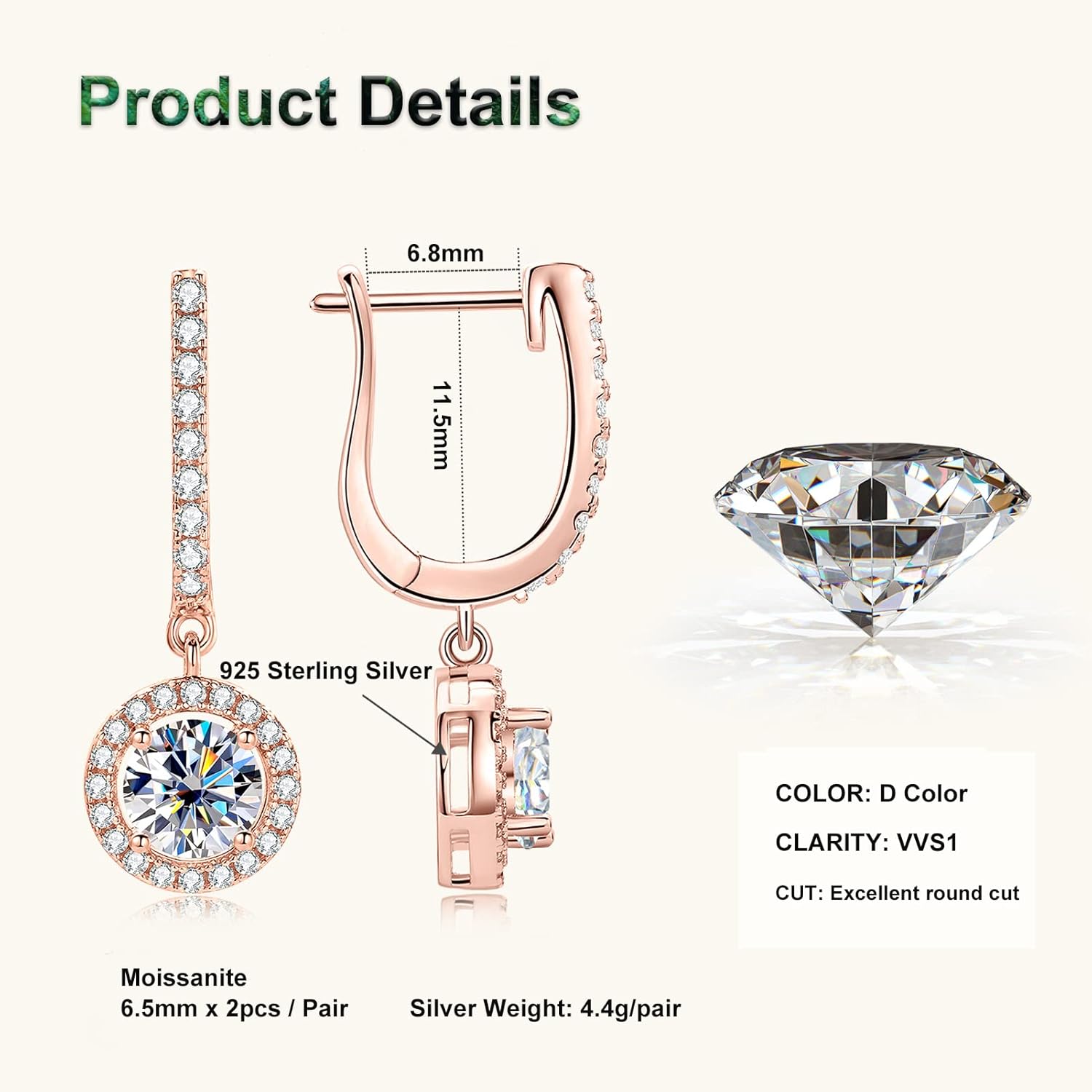 PROSTORRY 1CT Moissanite Dangle Earrings 925 Sterling Silver D Color Moissanite Pendant Drop Huggie Earring for Women Birthday Christmas Jewelry Gifts
