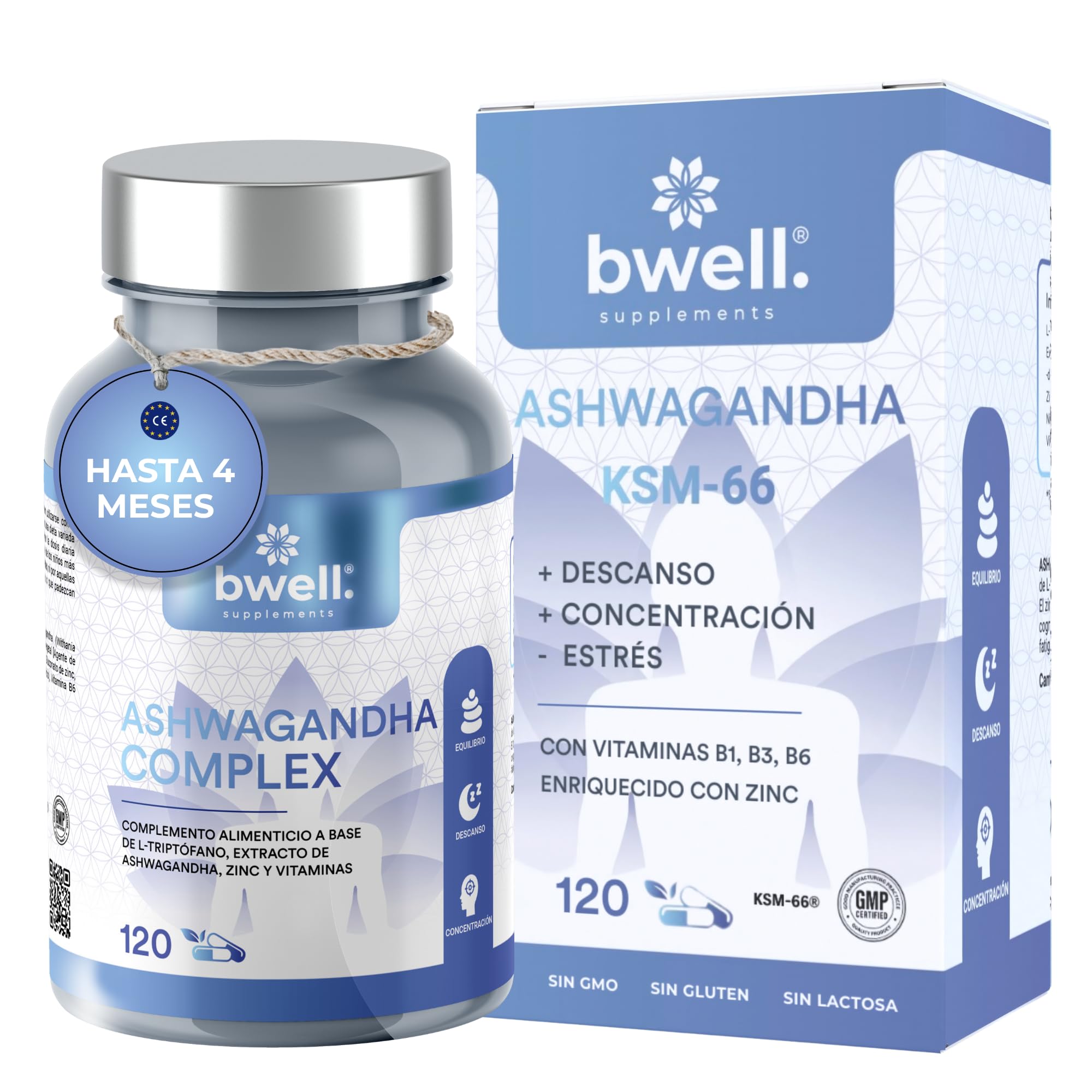 Ashwagandha Ksm-66 Pura 600mg Alta Biodisponibilidad Nootropico Natural 120 Capsulas para Cortisol Estres Sueño Sistema Inmunitario Extracto Raiz Zinc Triptofano Ingredientes Naturales sin OGM BWELL