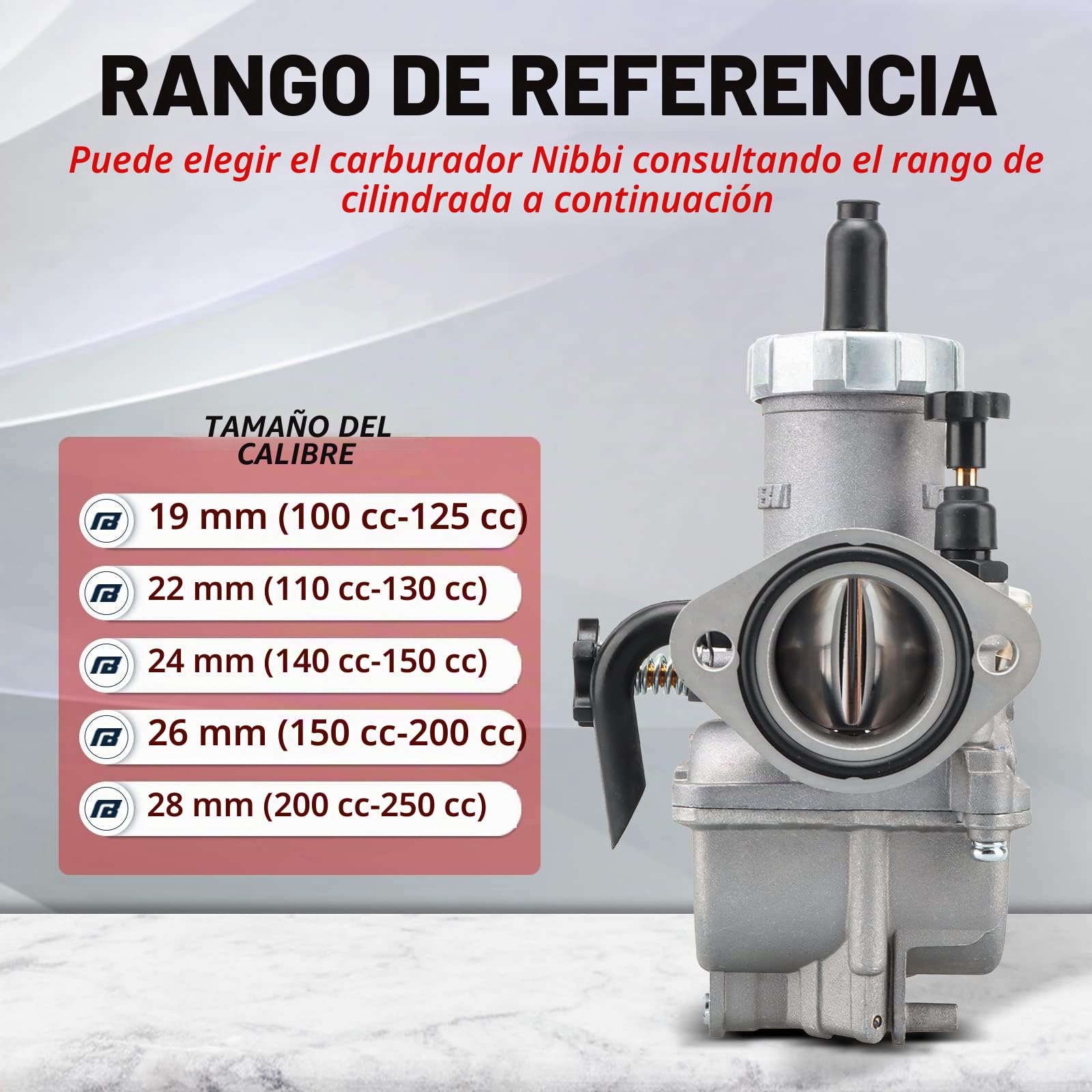 NIBBI PE19mm Carburador Alto Rendimiento para Motos 50cc-125cc Incluye Brida y Boquilla Compatible con Cross, Dirt Bike, Pit Bike, ATV, Motocross y Mini GP