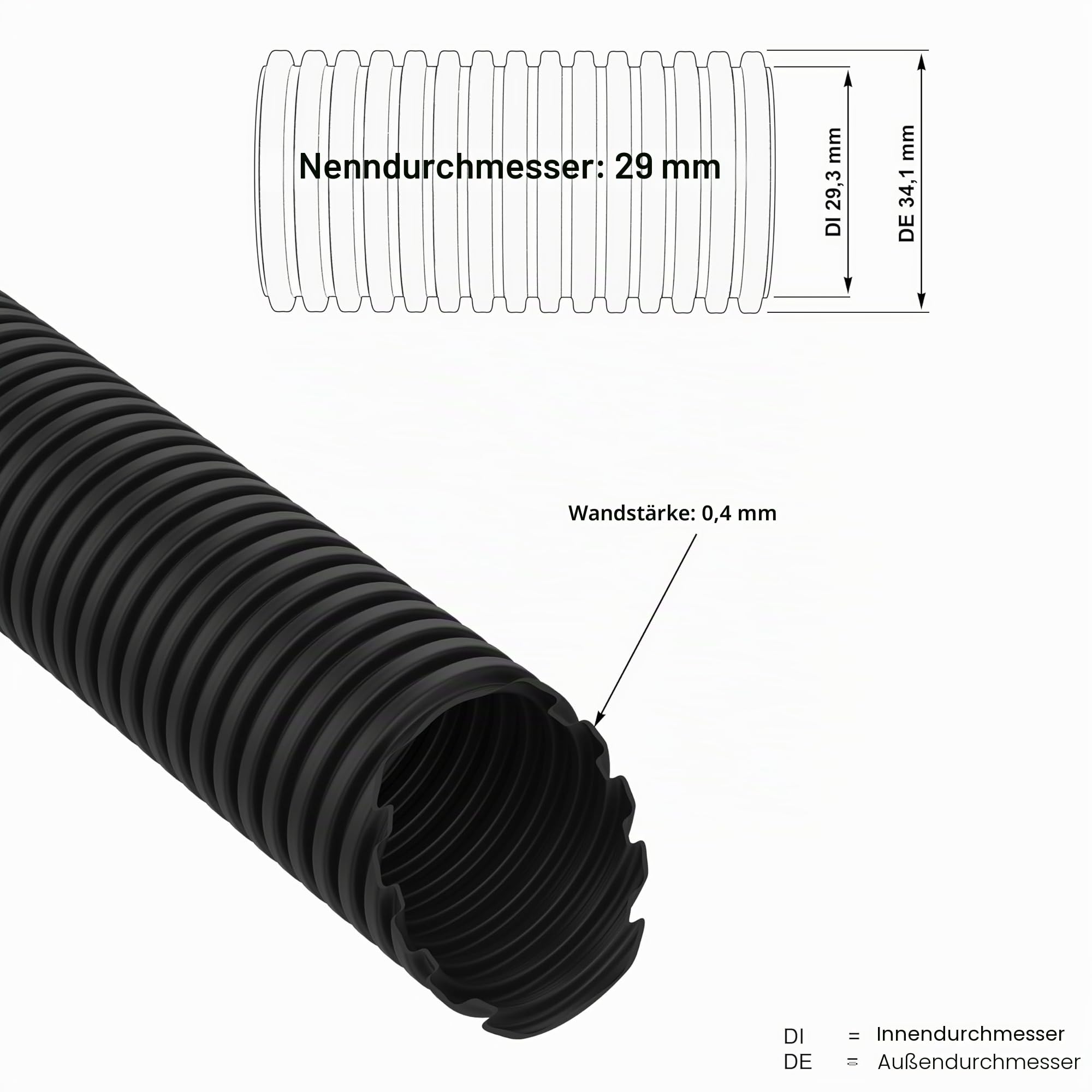 AUPROTEC Wellrohr ungeschlitzt 2 bis 50m / Leerrohr für Erdkabel/Wellrohr UV beständig/Kabelschutzschlauch/Kabelschlauch schwarz - Innendurchmesser 29 mm, Länge 10 m