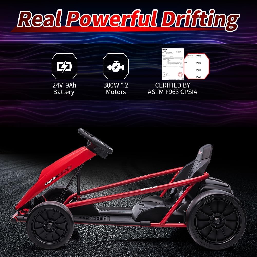 Go-Kart eléctrico Infantil 24V Doble Motor 300W con función Drift, Asiento Ajustable, música, claxon, Arranque Suave, hasta 13km/h y 70kg, para 6-12 años, Color Rojo