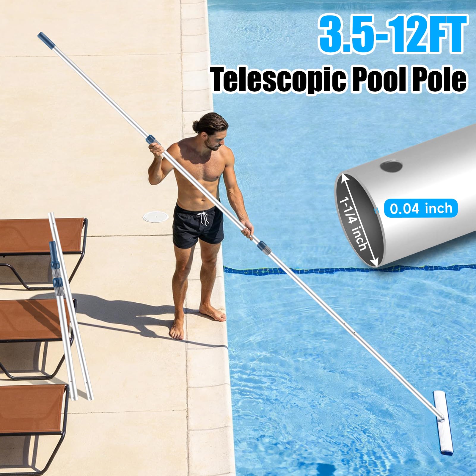 Bâton télescopique professionnel de 3,7 m en aluminium pour piscine – Attachez des filets d'écumoire, des râteaux, des brosses/2