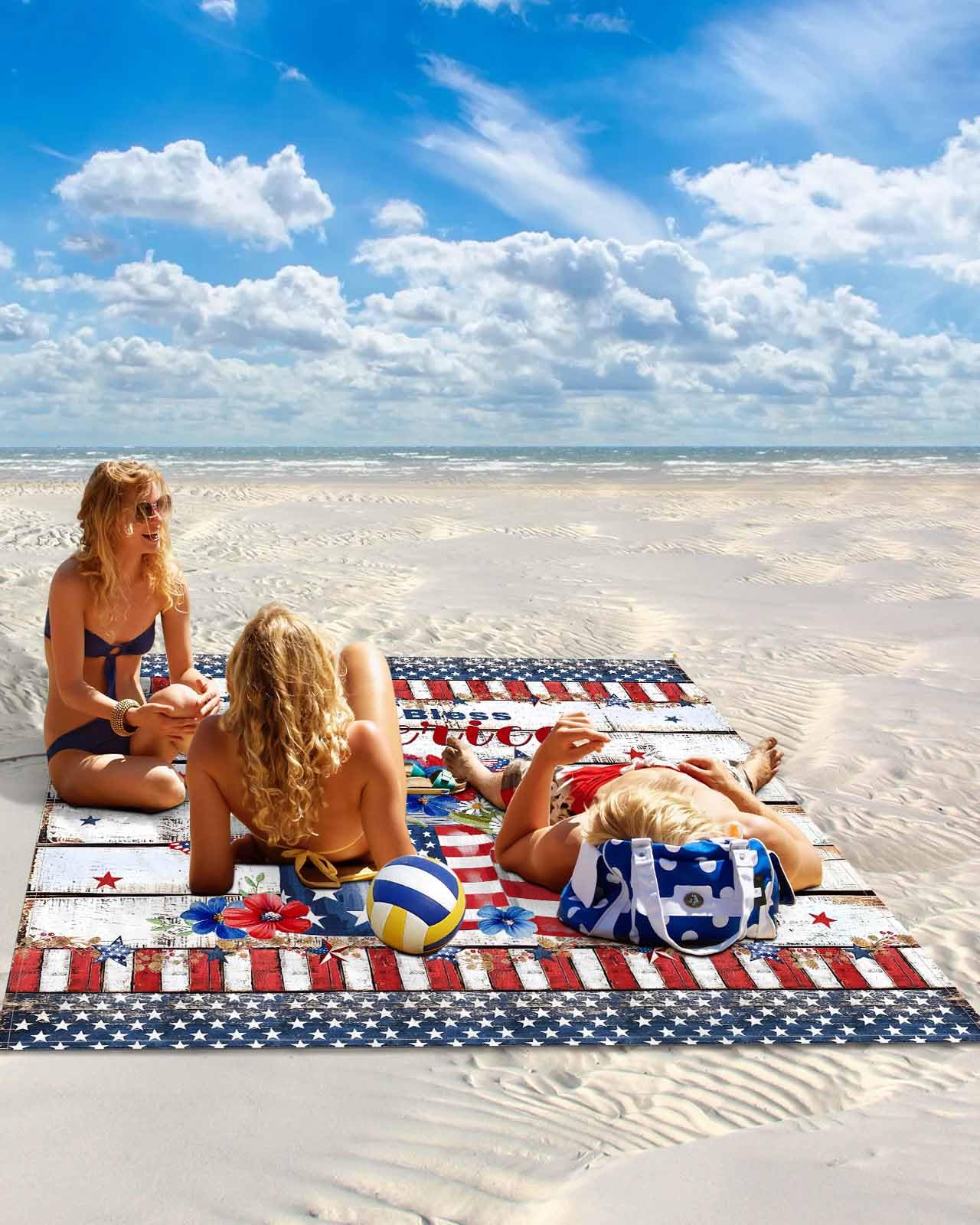 Beach Blanket Sandproof Waterproof Picnic Blankets American Flag Memorial Day Star Extra Large Lightweight Outdoor Beach Mat with Corner Pockets for Travel/Camping/Hiking Retro Board Striped Border