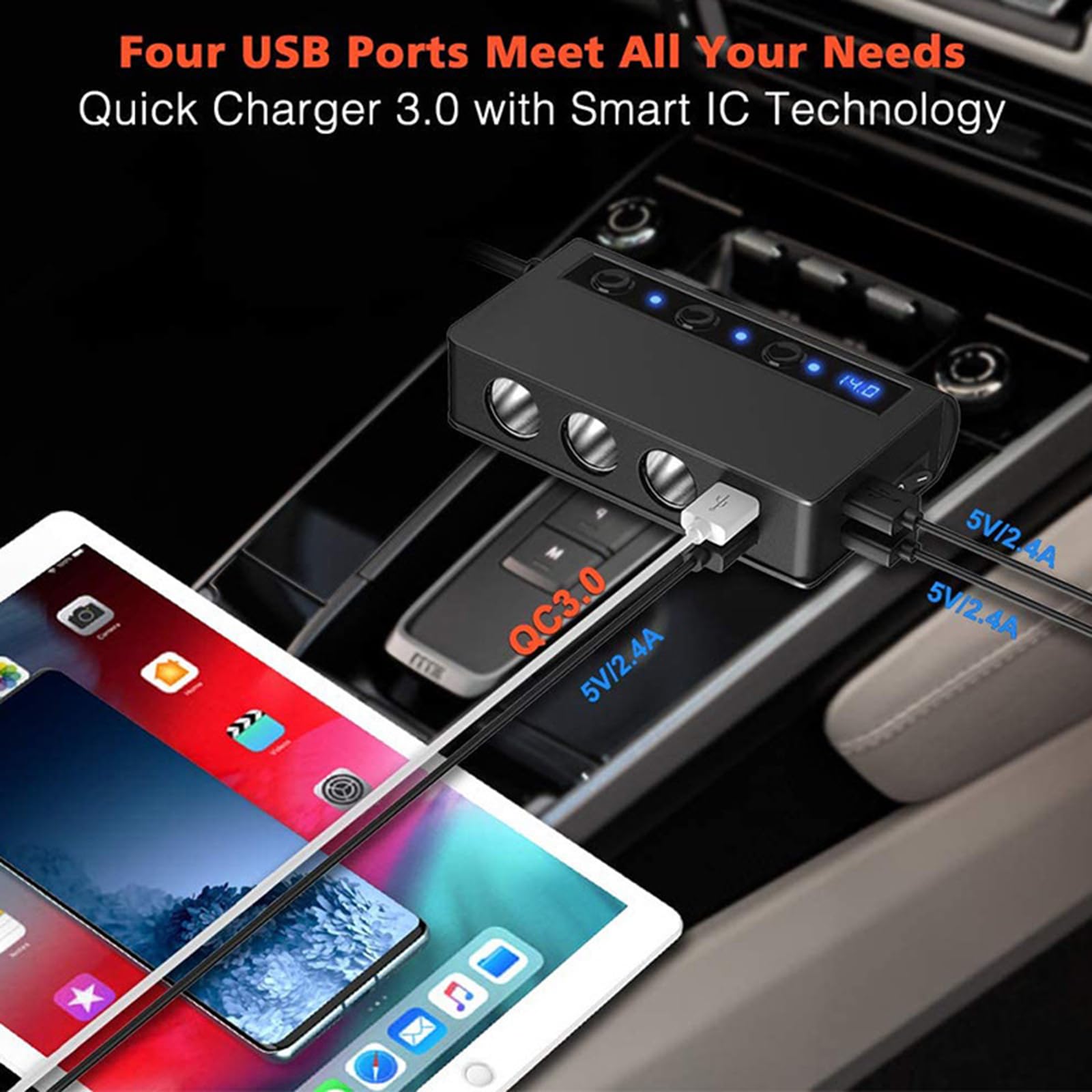 Cargador de coche Enchufe encendedor Splitter 180W Adaptador de mechero con 4 puertos USB Interruptor separado Pantalla de voltaje QC3.0 Carga rápida para teléfono tabletas Dash Cam