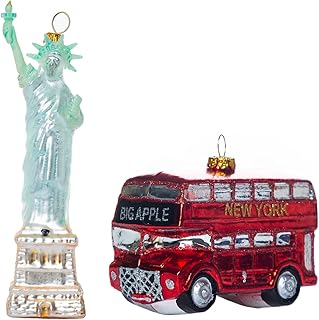 Hand Blown Glass NYC New York City Christmas Ornament for Christmas Tree, Hand Painted Glass Double Decker Bus and Statue of Liberty Ornament