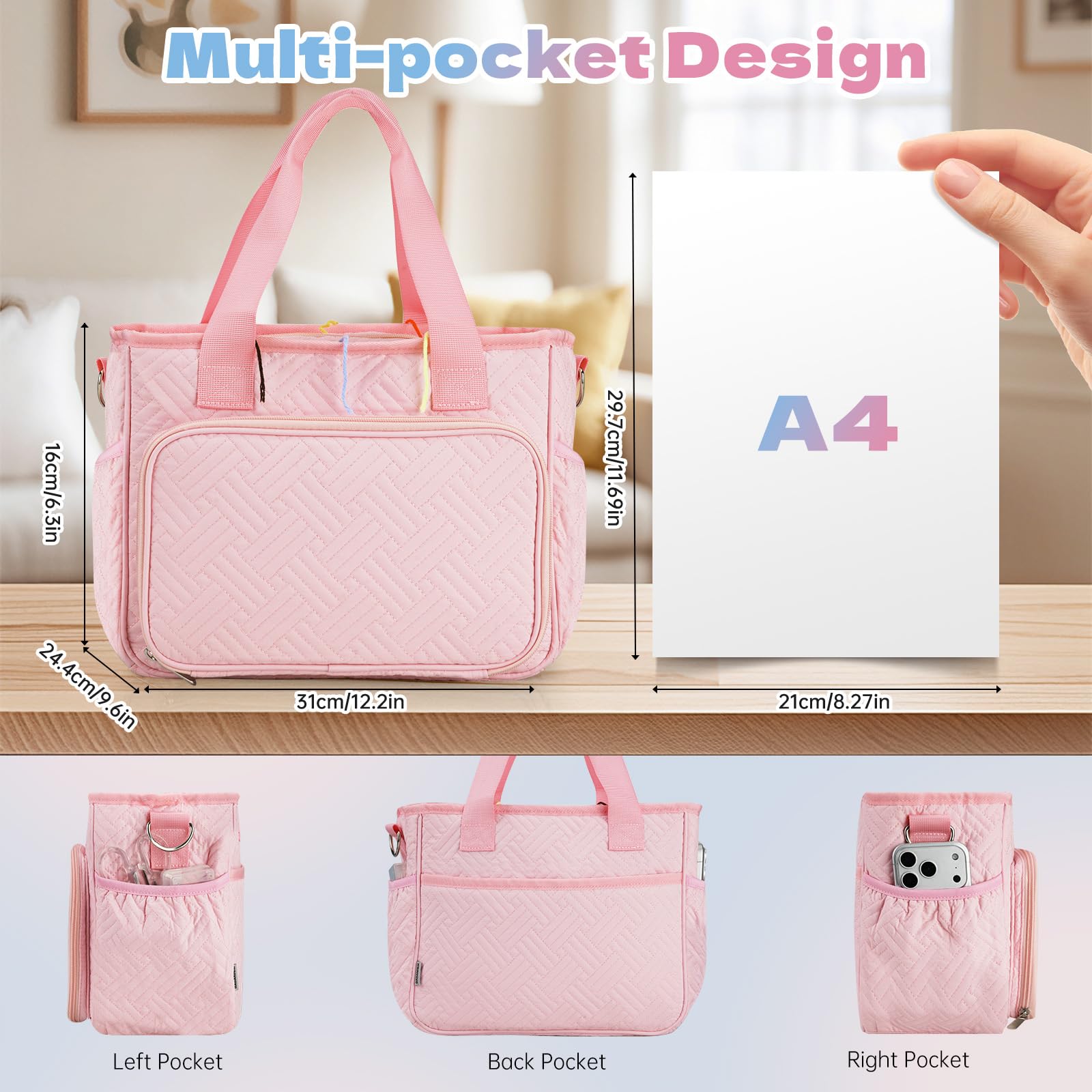 Dadanism Häkel Basteltasche, Strick Tasche, Garn Aufbewahrung Nähtaschen mit Griff & Schultergurt, Garn Aufbewahrung Organizer für Häkeln Stricker Häkelnadeln Stricknadeln Set Nähzubehör, Rosa