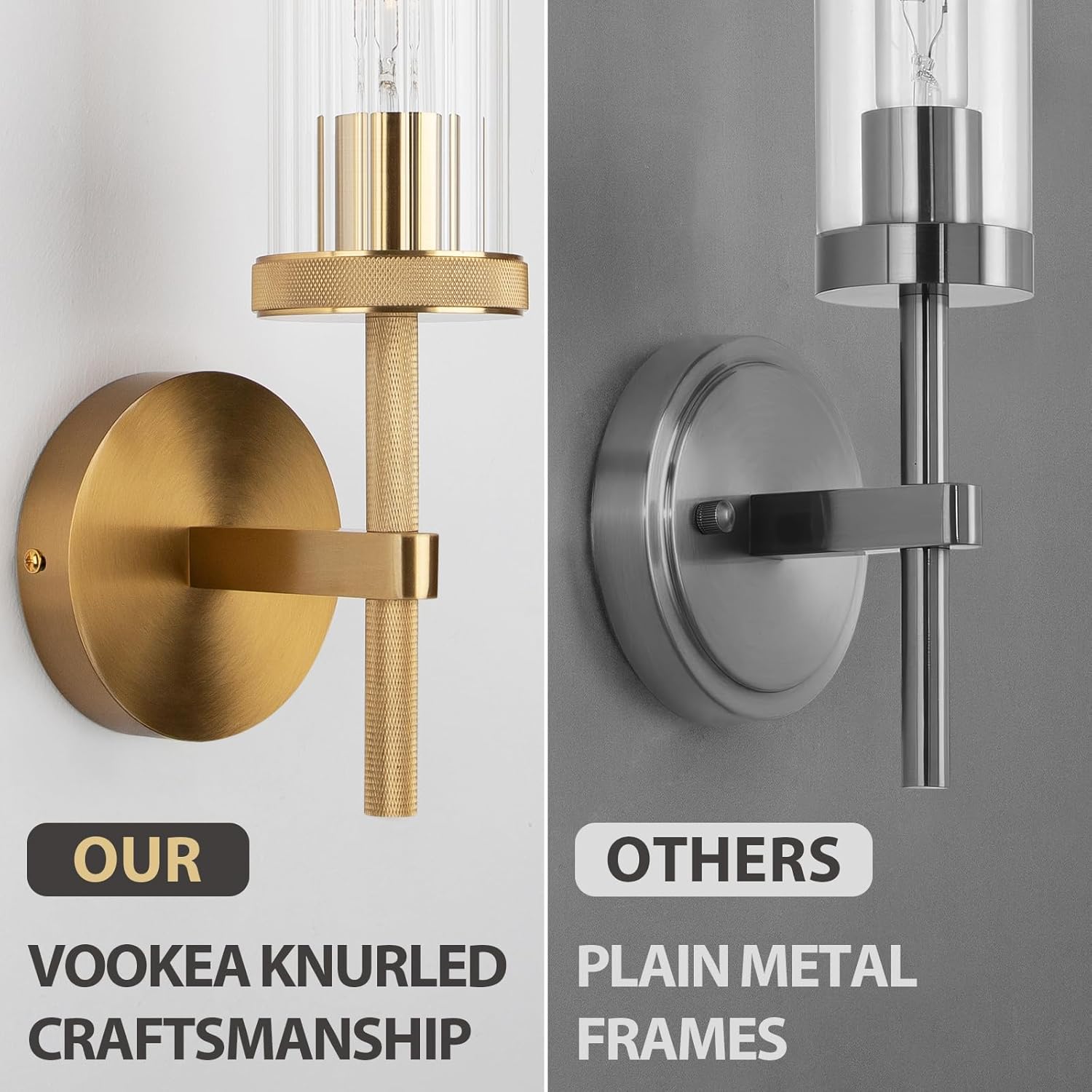 19.5" Knurled Gold Hardwired Wall Sconces Set of 2, Bathroom Vanity Light Fixtures with Vertical Striped Glass Tube, Modern Lamp Lighting for Bedroom, Living Room, Hallway, Staircase, Mirror, Kitchen
