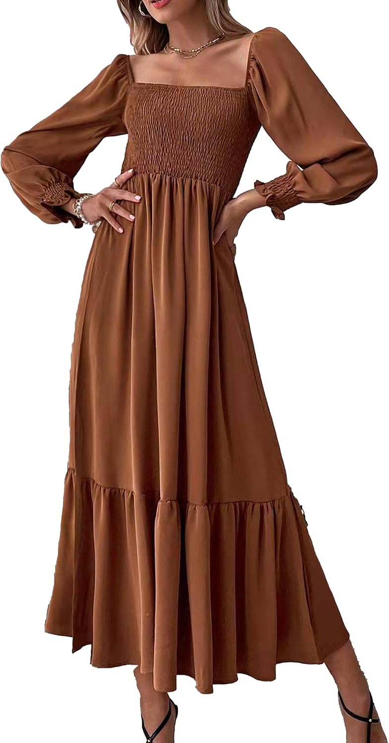Generic Women's Boho Square Neck Shirred Dress Ruffle Hem Long Puff Sleeve A Line Maxi Dress Chiffon Solid Beach Flowy Dress