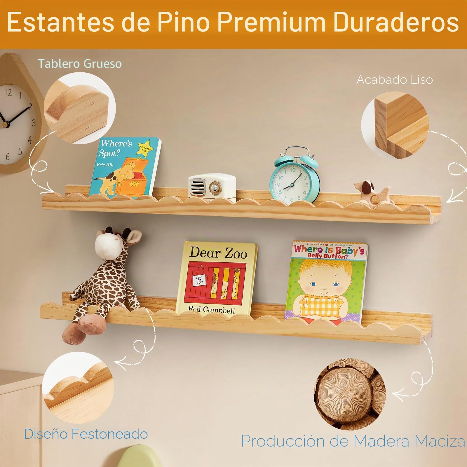 Gieanoo Estantes flotantes de guardería Juego de 2 estantes de Pared de Madera de Pino Macizo Natural de 40 cm para la habitación de los niños, la habitación de los niños pequeños, la habitación de
