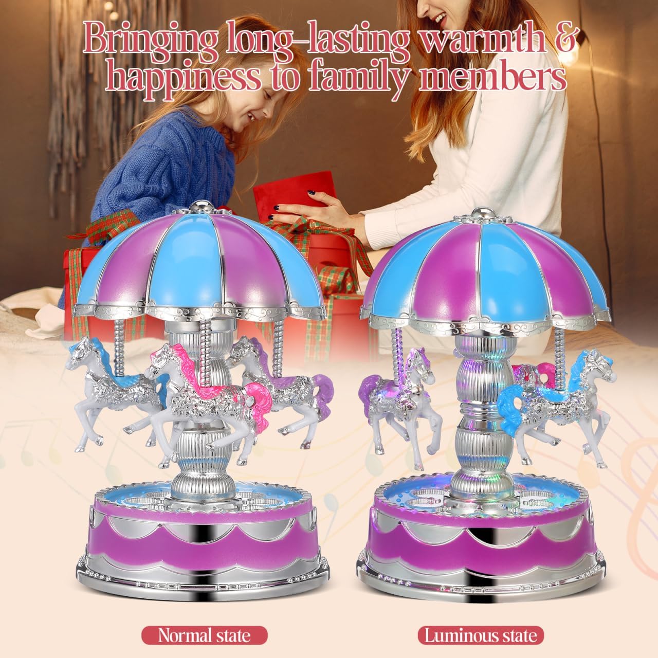 NUOBESTY Carousel Music Box with 3 Rotating Horses and Led Lights Luminous Merry-Go-Round Figurine for Romantic Home and Gift 6.10X4.13X4.13 Inches