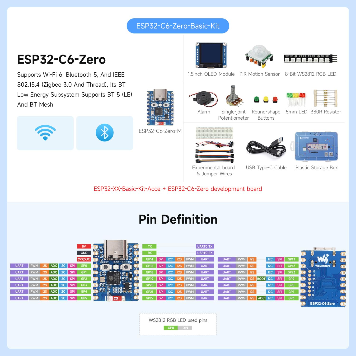Waveshare ESP32-C6 Series Basic Kit, Quick Start with Rich Tutorials and Resources, Compatible with MicroPython, andnd ESP-IDF Programming,Contains ESP32-C6-Zero Dev Board