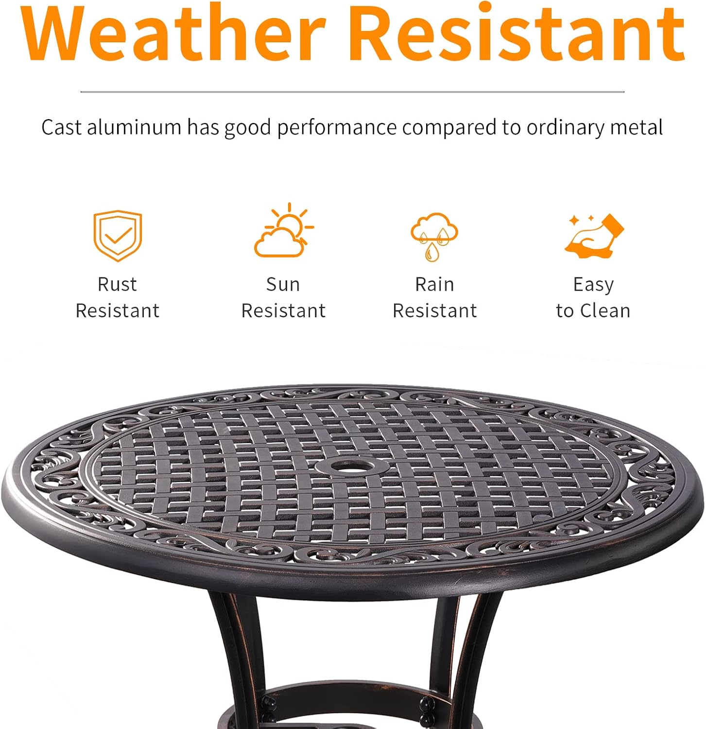Bronze Round Cast Aluminum Patio Bistro Table with Umbrella Hole