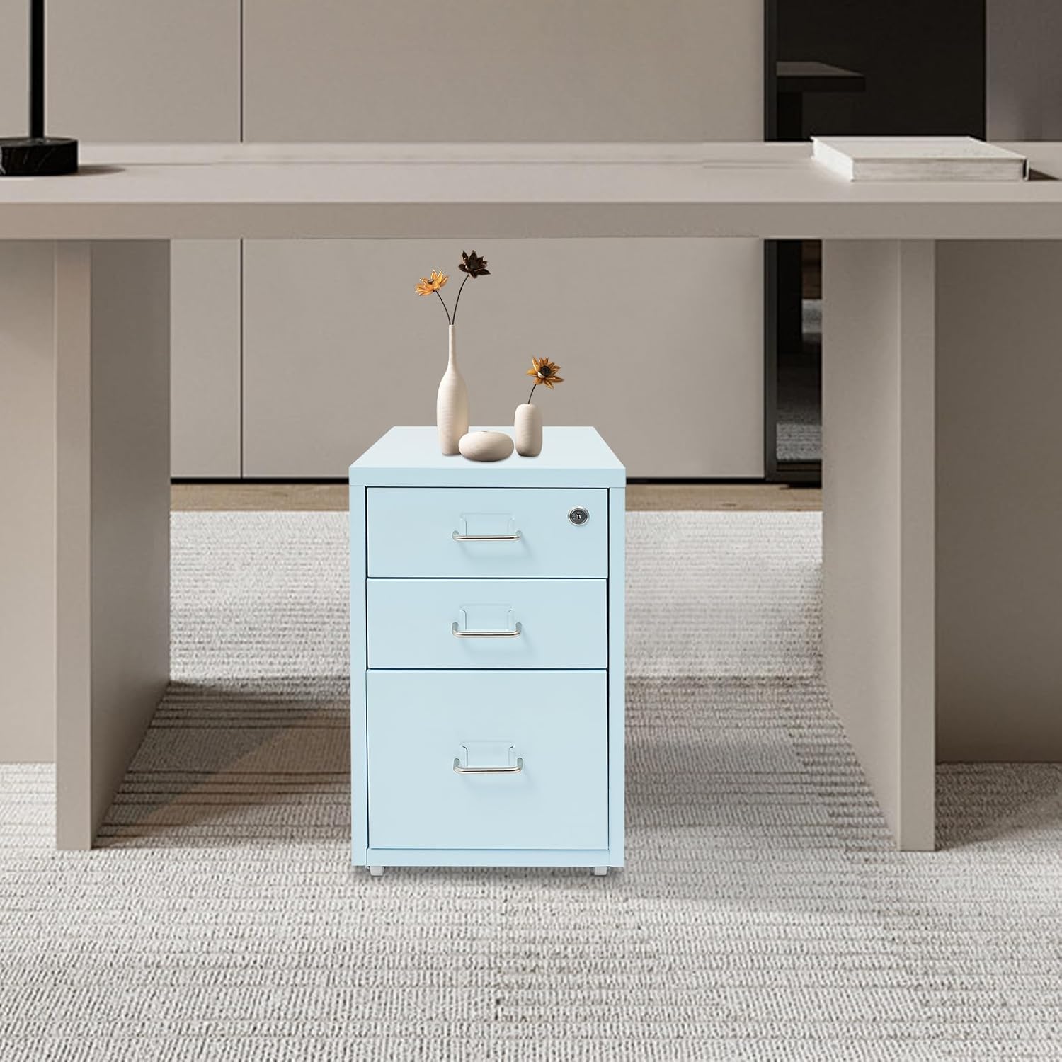 File Cabinet, 3-Drawer Vertical File Cabinet with Lock, Office Home Steel Vertical File Cabinets for Offices, Libraries, Classrooms, Blue