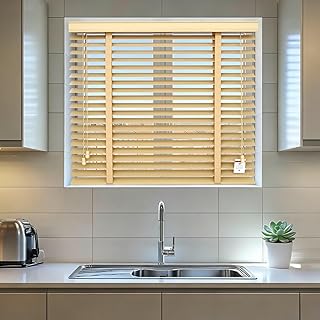 Cordless Room Darkening Venetian Blind, Solid Wooden Blind, Smooth Lift Operation, Wood Indoor Window Blinds for Windows, Doors, Campers, Privacy(Original Wood Color)