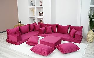 Custom Bench Cushion, Velvet Pink Color Floor Seating Sofa, Velvet Floor Couch, Japanese Sofa, Pallet Sofa, Moroccan Decor, Loveseat (L Sofa + Ottoman)