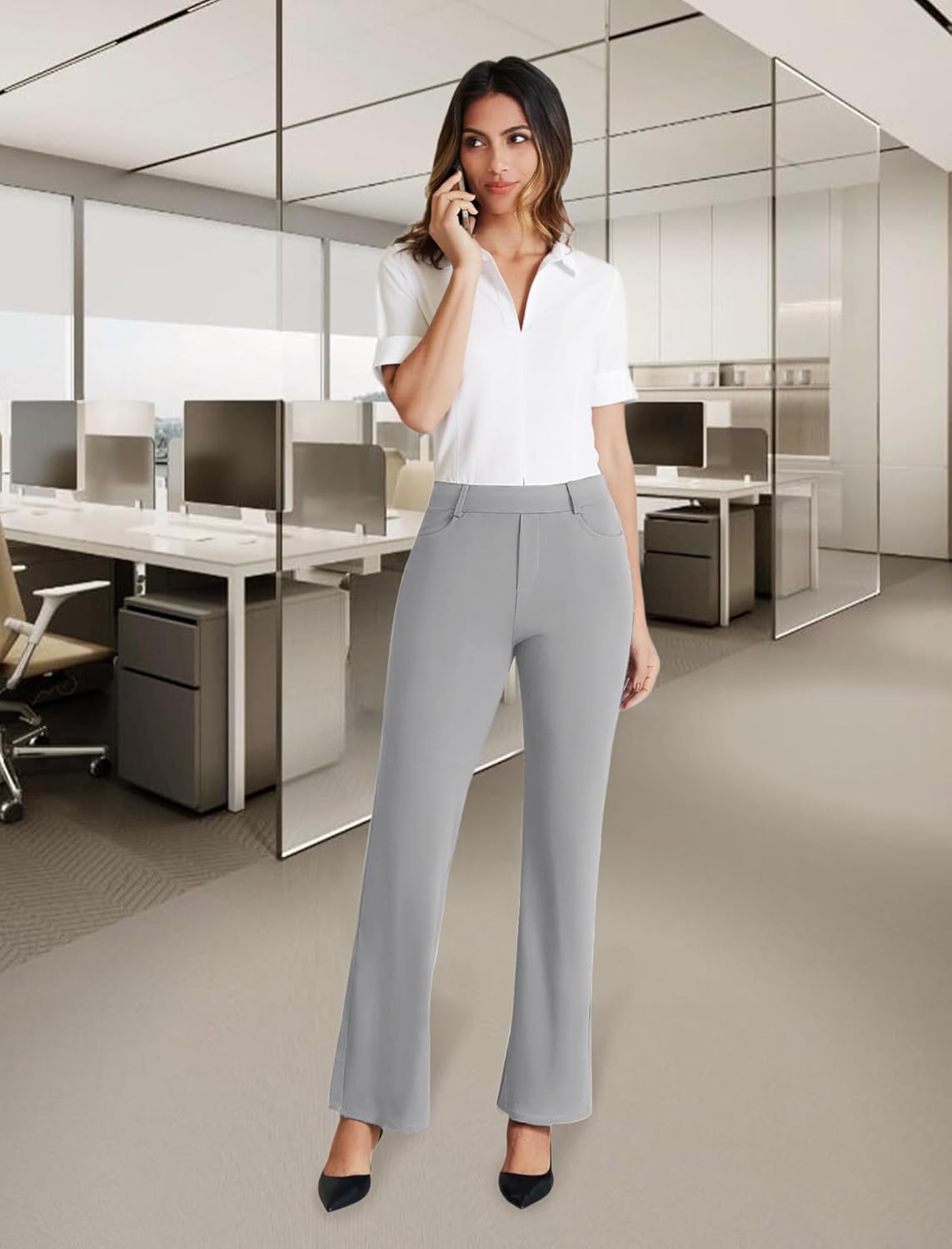 Dress Work Pants Women Business Casual Slack Trousers Stretchy Pull On Office Flare Pants with Pockets - Image 2