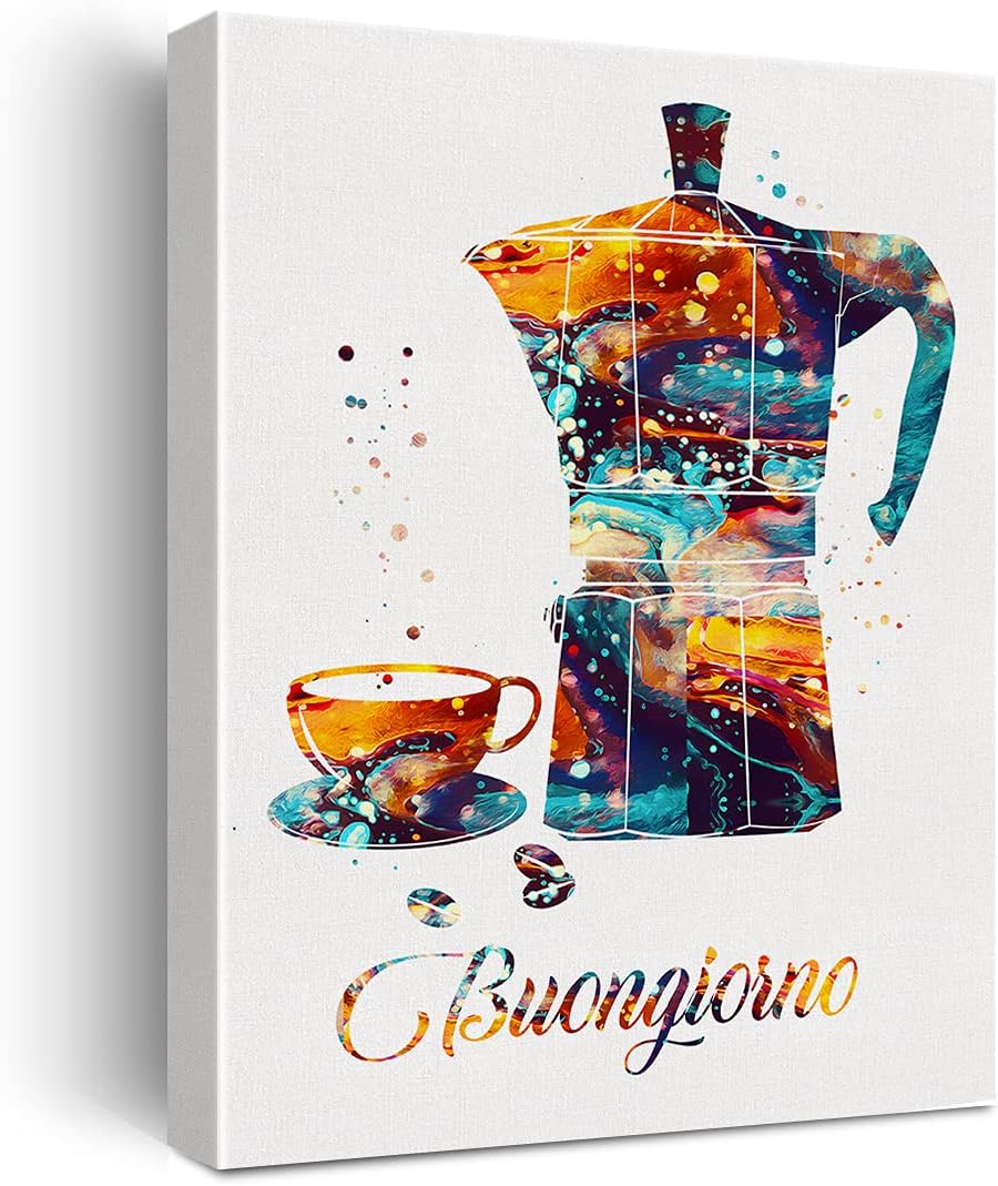 Buongiorno Moka Pot Coffee Watercolor Poster Canvas Wall Art for Home/Office/Kitchen Decor - Coffee Canvas Print Wall Art Painting Ready to Hang Gifts - Easel & Hanging Hook 12x15 Inch
