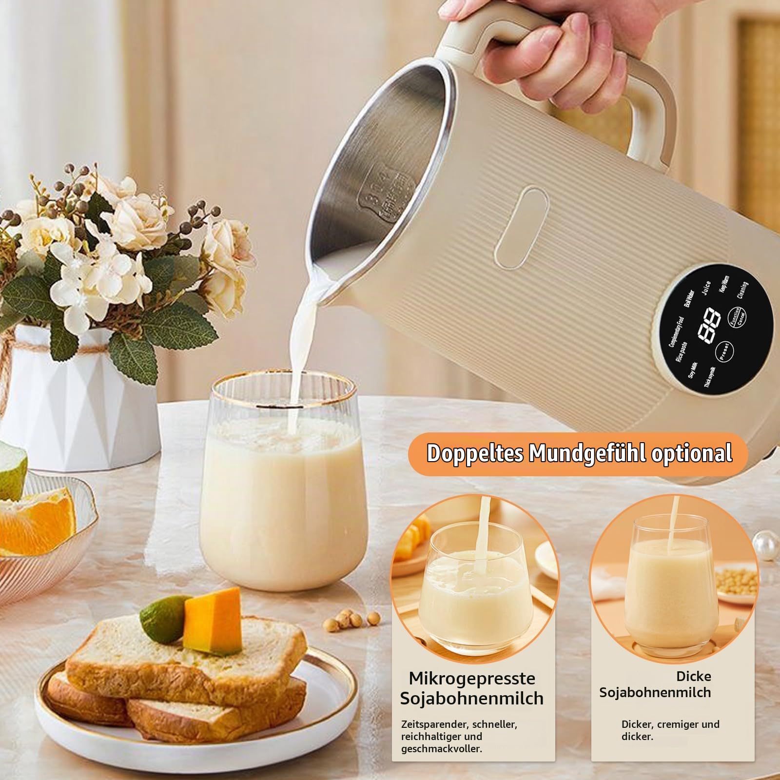 8-in-1 Sojamilch Maschine, Kuhmilchbereiter, Sojamilch Hersteller, Nussmilchmaschine mit 304 Edelstahl, Automatische Sojamilchbereiter, Pflanzenmilchbereiter, Touchscreen, Selbstreinigend (Weiß)