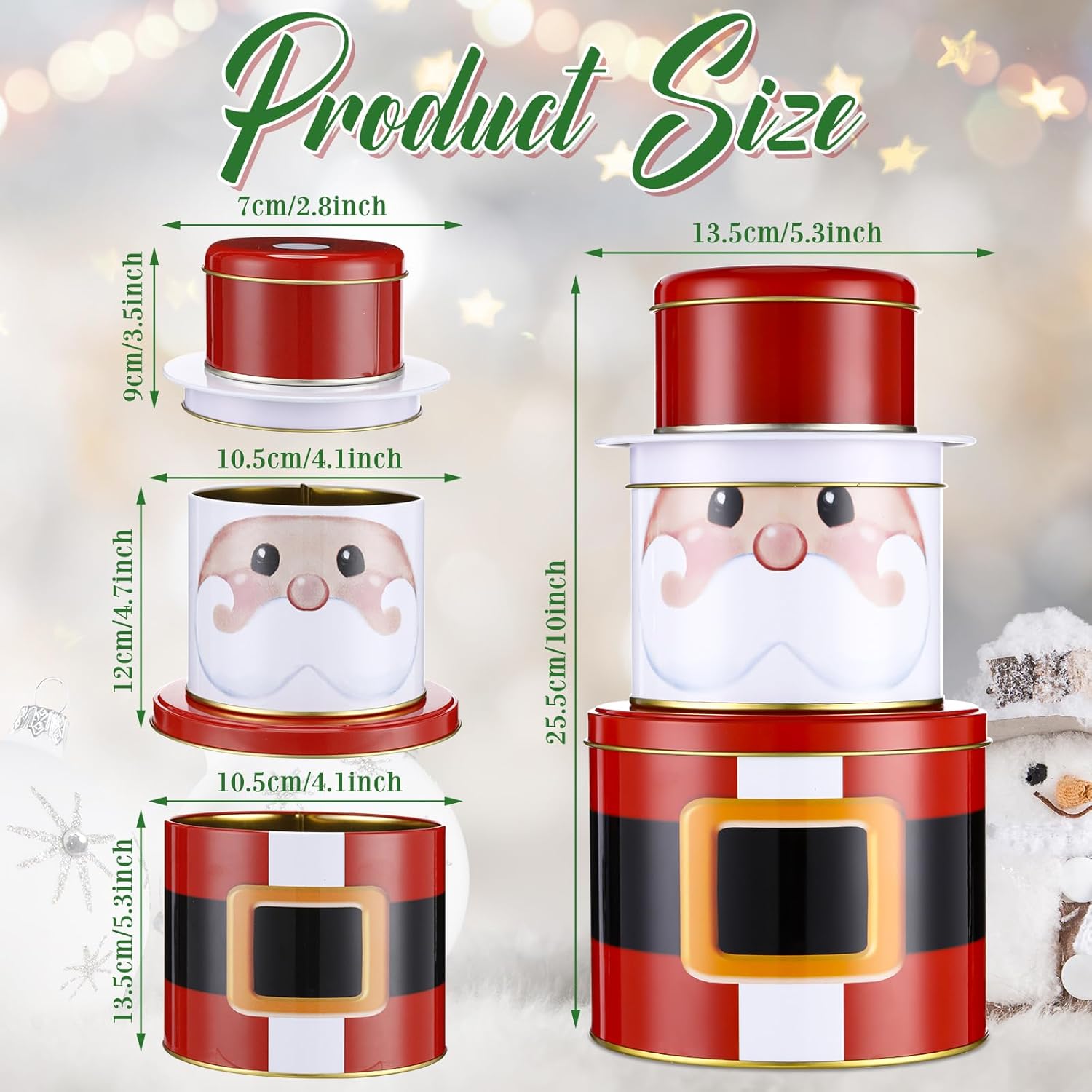 Tandefio 4 Sets Christmas Cookie Tins with Lids 3 Layer Christmas Tin Containers Metal Large Medium Small Round Nesting Containers Empty Tinplate Treat Boxes for Candy Chocolate Xmas Party Favor