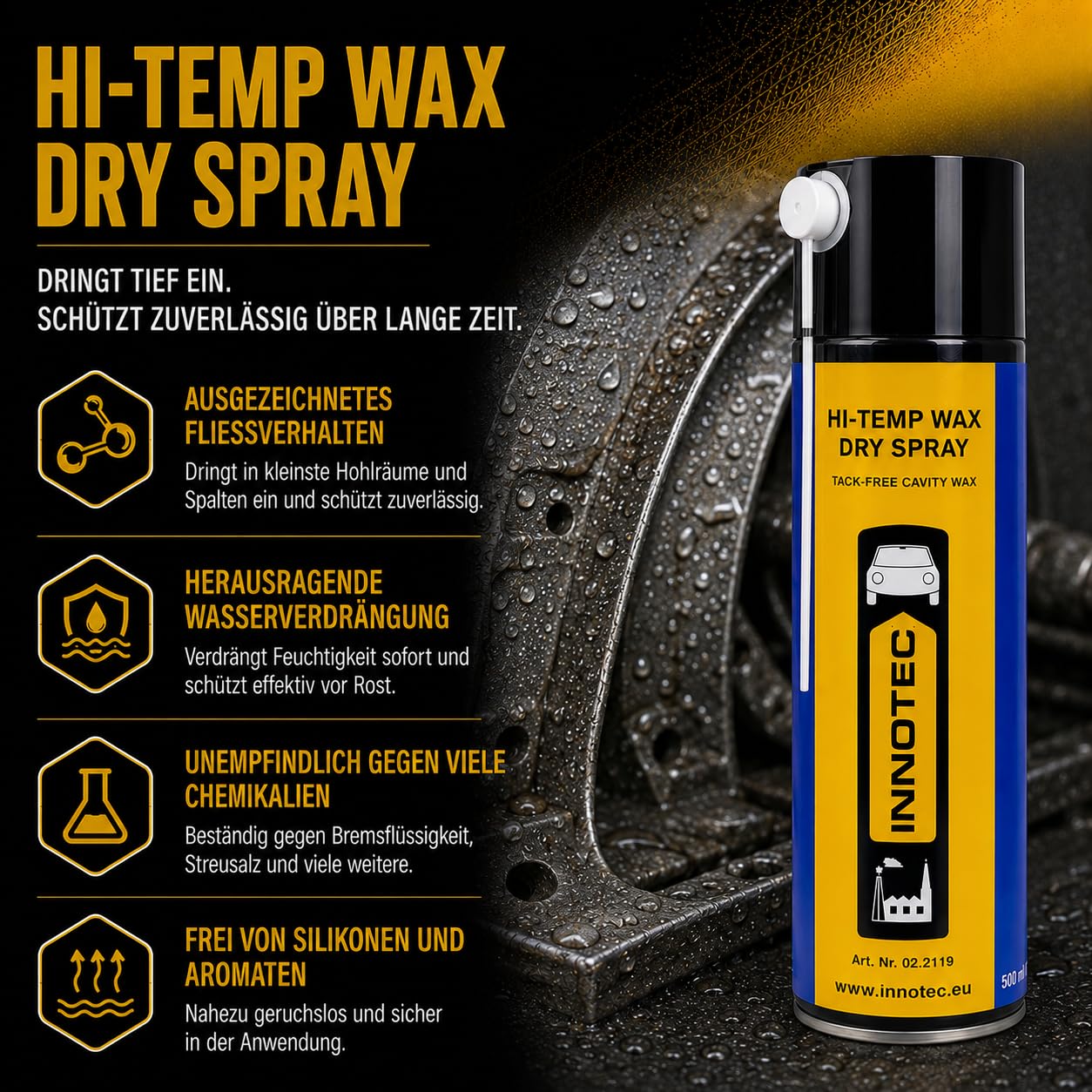 2 Stück Innotec Hi-Temp Wax Spray Unterboden und Hohlraumschutz Fettspray Transparent - Next Level Konservierung für Automotive & Industrie - Keine Anhaftung von Schmutz und Staub - 500ml Spraydose