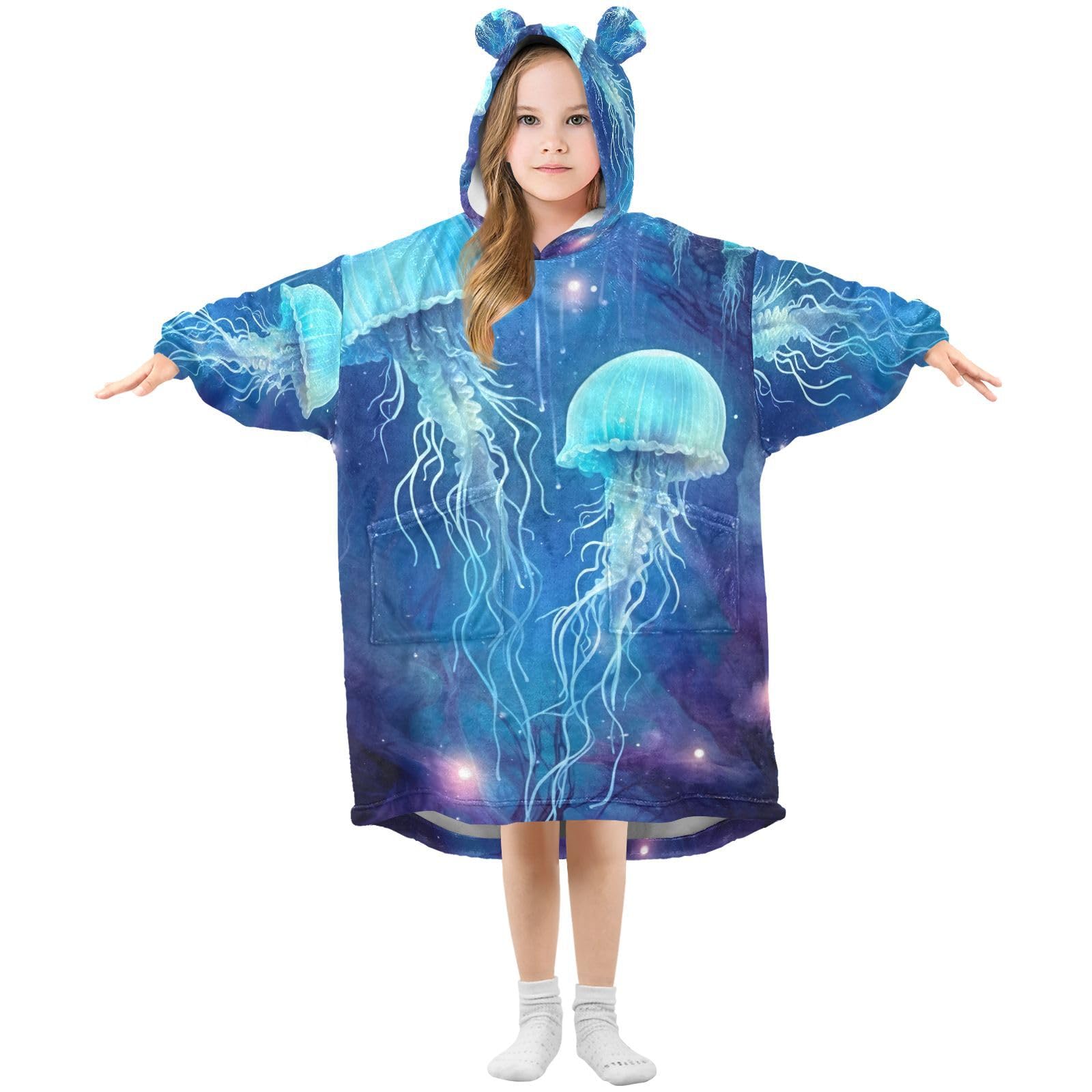 FLildon Blanket Hoodie for Kids Sherpa Oversized Glowing Jellyfish Wearable Blanket Sweatshirt for Teens