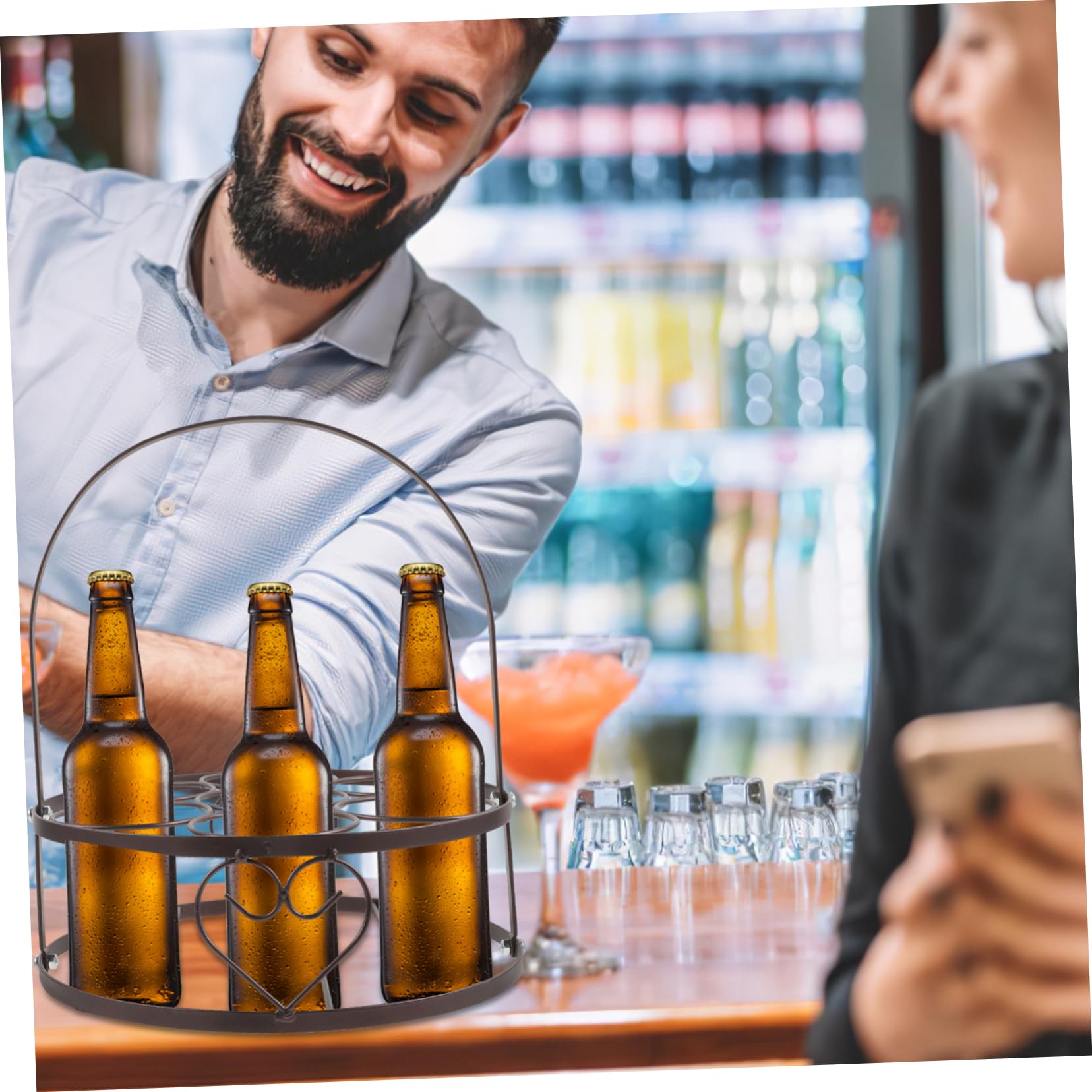 PRETYZOOM Stainless Steel Beer Basket Handle Wine Rack Holder for 6 Bottles for Bars Ktvs Homes