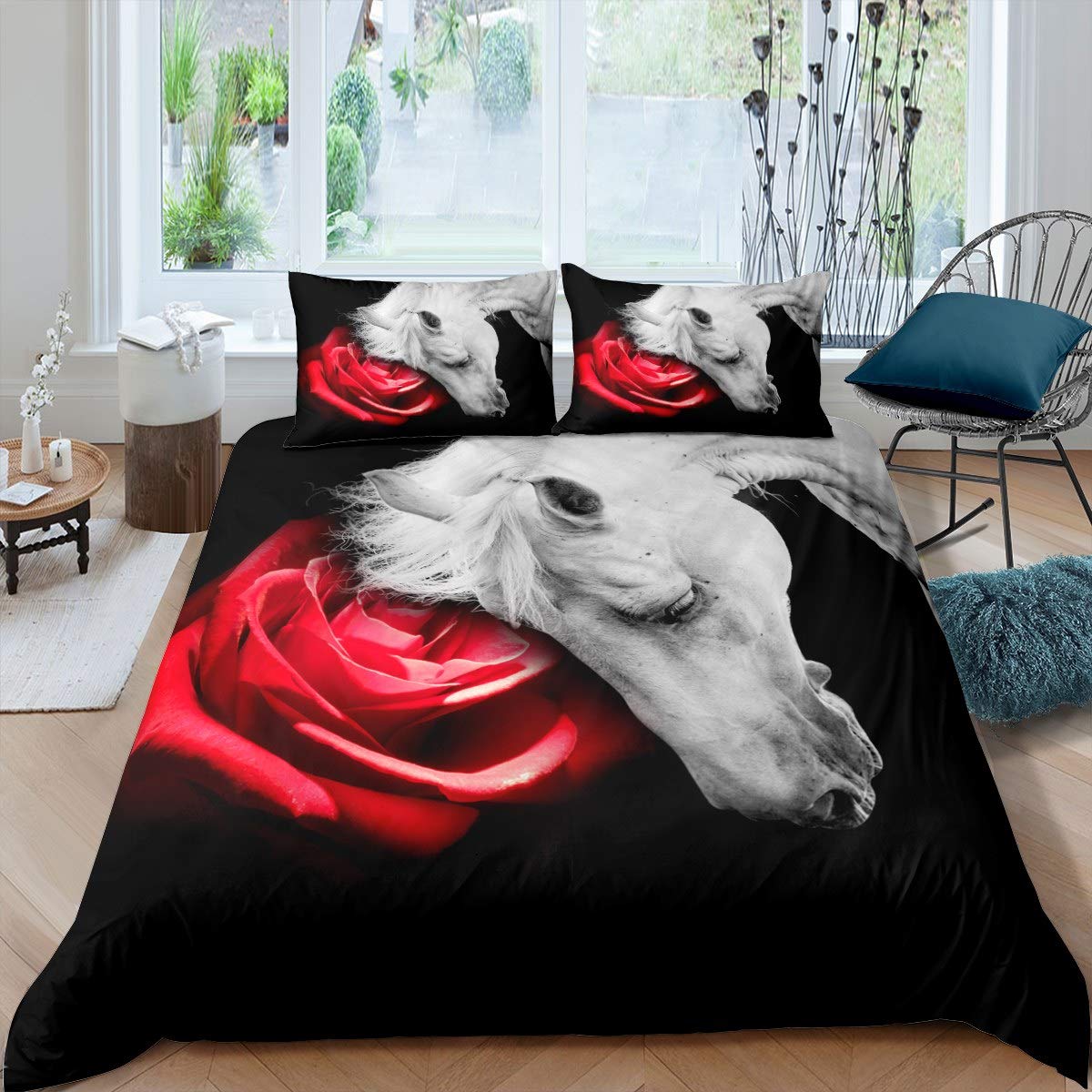 Loussiesd 3D Horse Duvet Cover Romantic Red Rose Bedding Set for Men Women Adults Galloping Horse Comforter Cover Wildlife Style Bedspread Cover Bedroom Collection 2Pcs Single Size