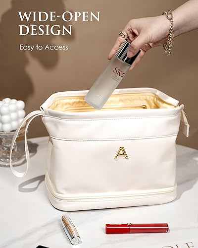 Miniatura 3 de Bolsa de maquillaje grande con inicial, bolsa de cosméticos personalizada de doble capa con organizador de brochas de maquillaje, impermeable, bolsa