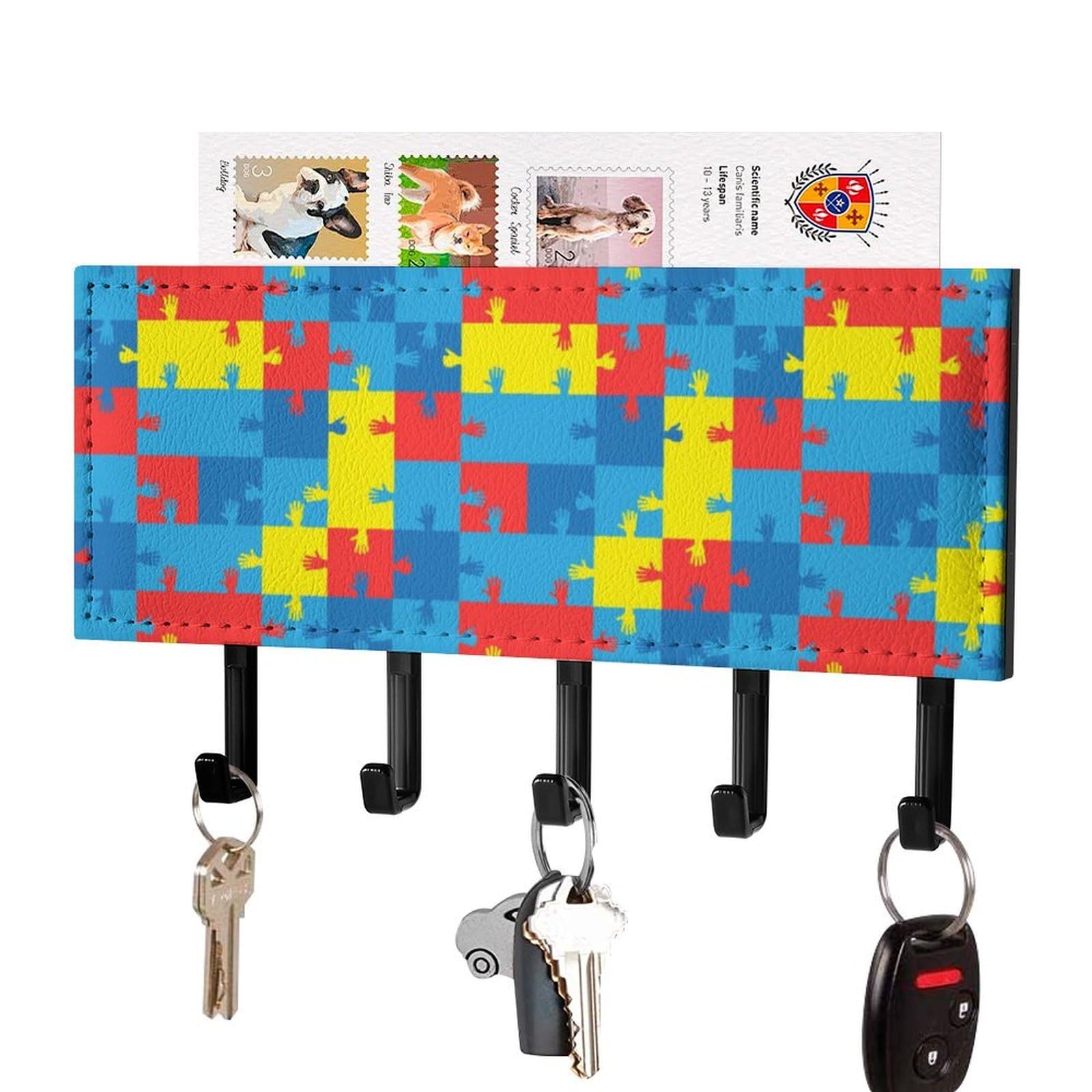 NCLQVJXZKHW Symbol of Autism Puzzles and Hands Key Holder with 5 Hooks Key Hooks Wall Mounted Key Racks Key Hanger Organiser Shelf