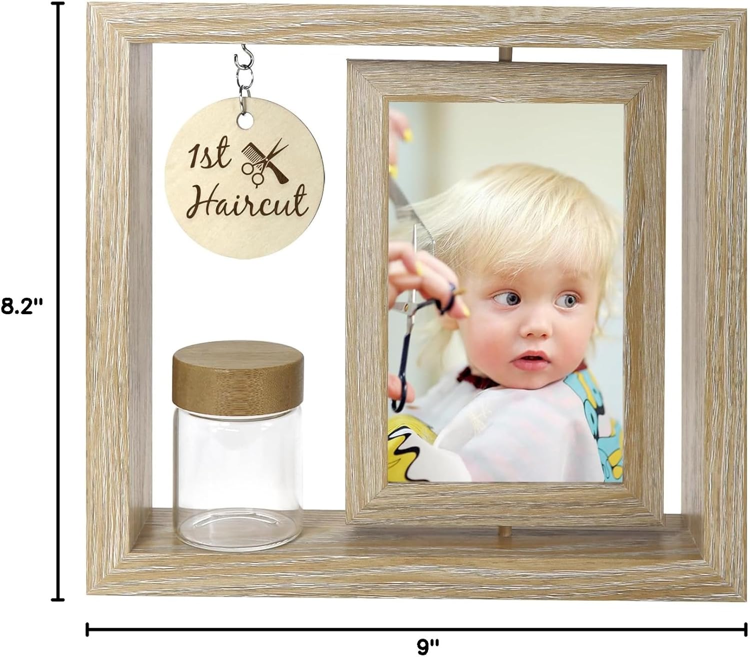 Custom My First Haircut Keepsake Frame - Rotatable Display of Before and After Haircut Photos with Glass Keepsake Jar for Baby Hair,Newborn Memory Gift for Boy or Girl,Holds Two 4x6 Pictures (wood1)