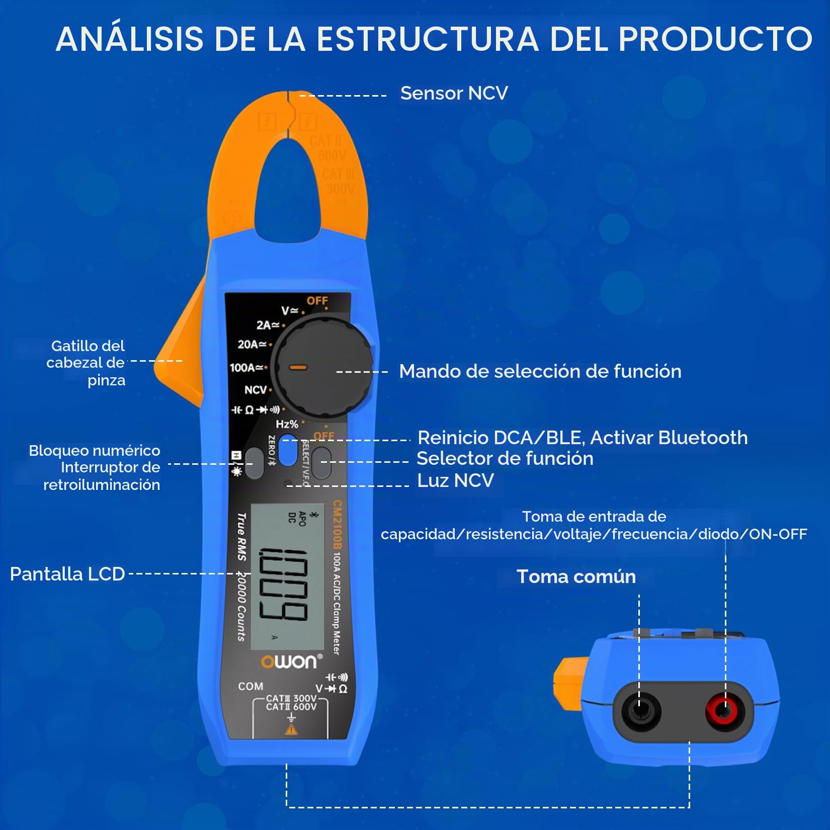 OWON CM2100B Pinza Amperimétrica Digital Bluetooth Autorango 20000 Recuentos Probador de Capacitancia de Resistencia CA/CC Multímetro TrueRMS Múltiples Funciones de Medición Protección NVC VFC